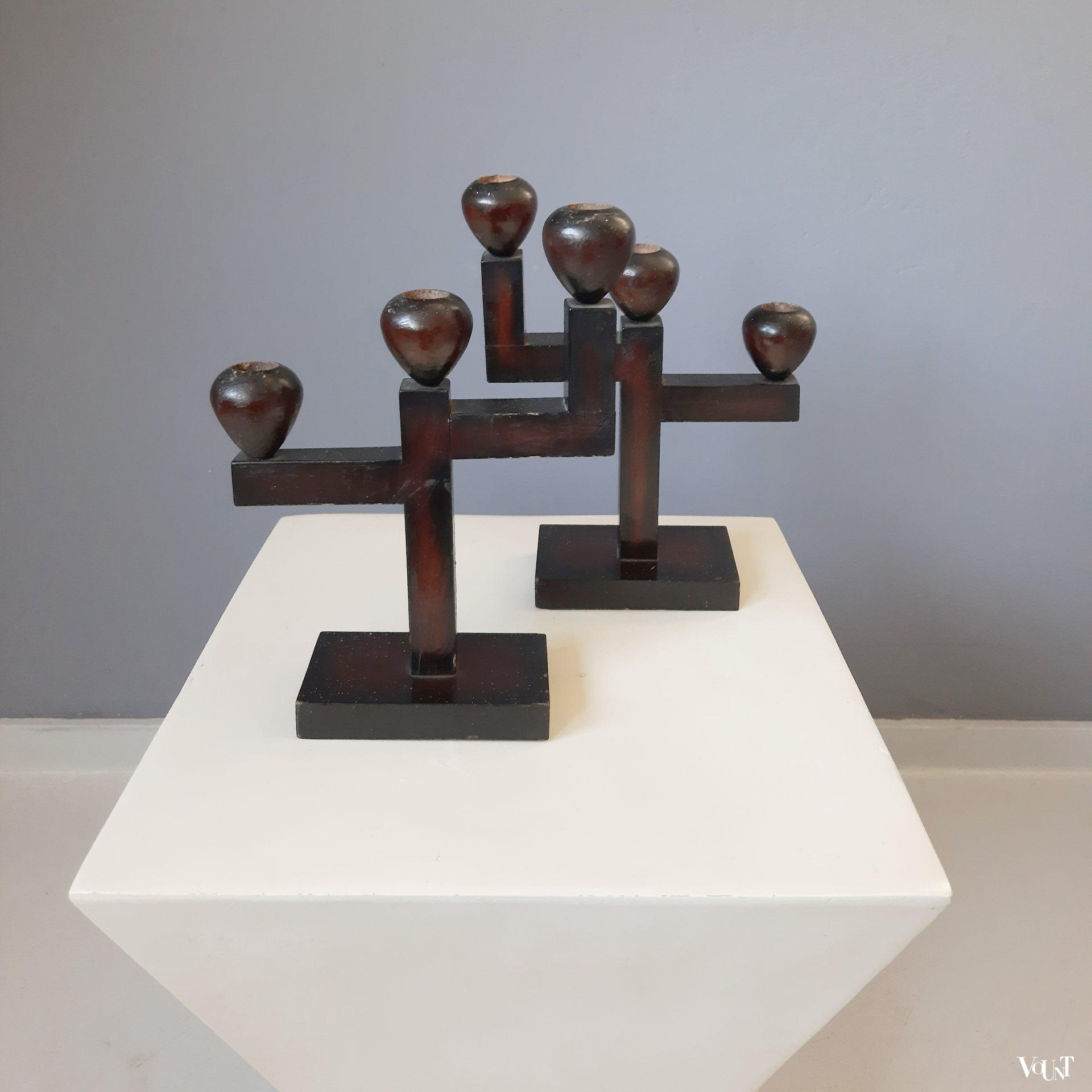 Set van 2 houten art deco kandelaars, jaren '30