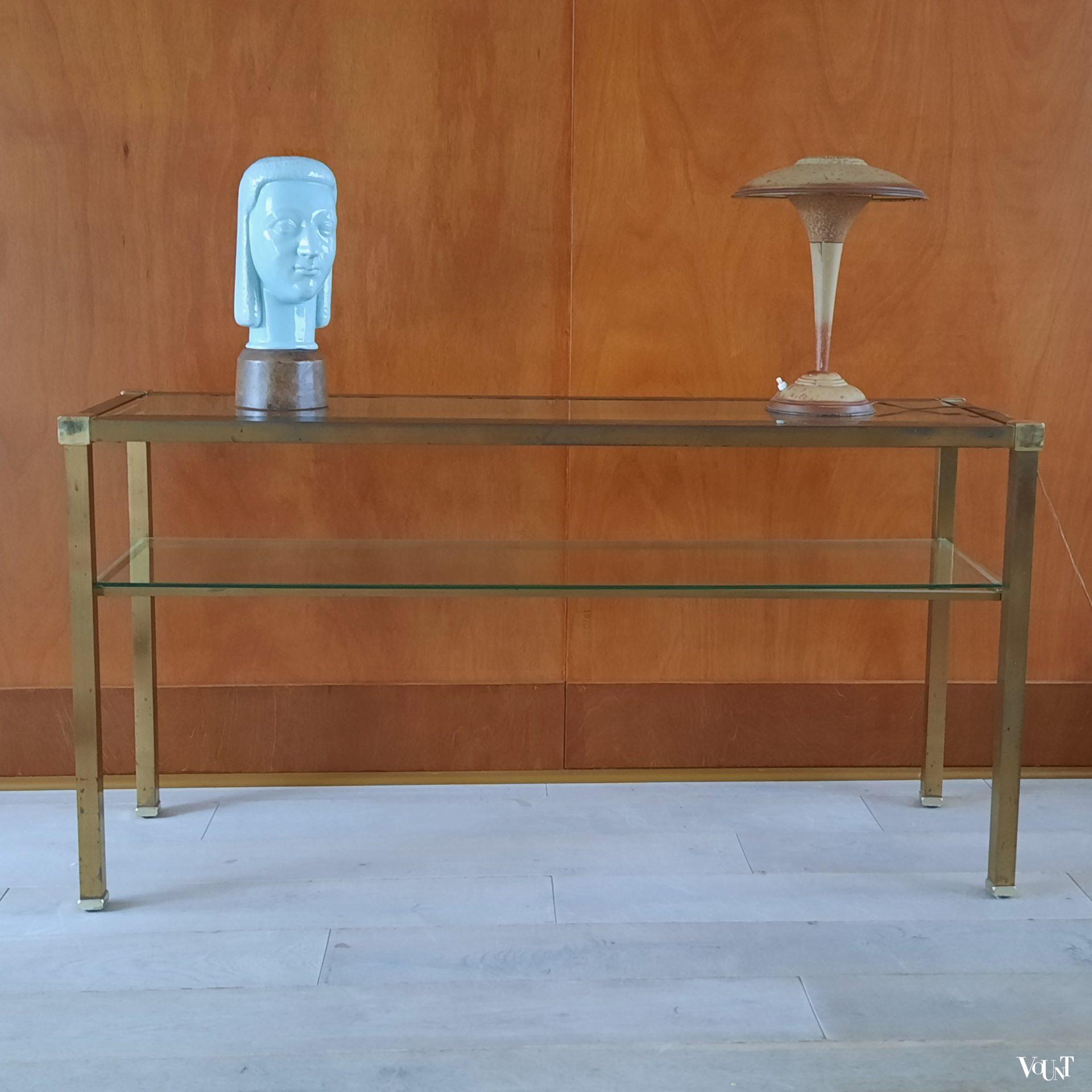 Messing wandtafel / console met glazen bladen, jaren '80