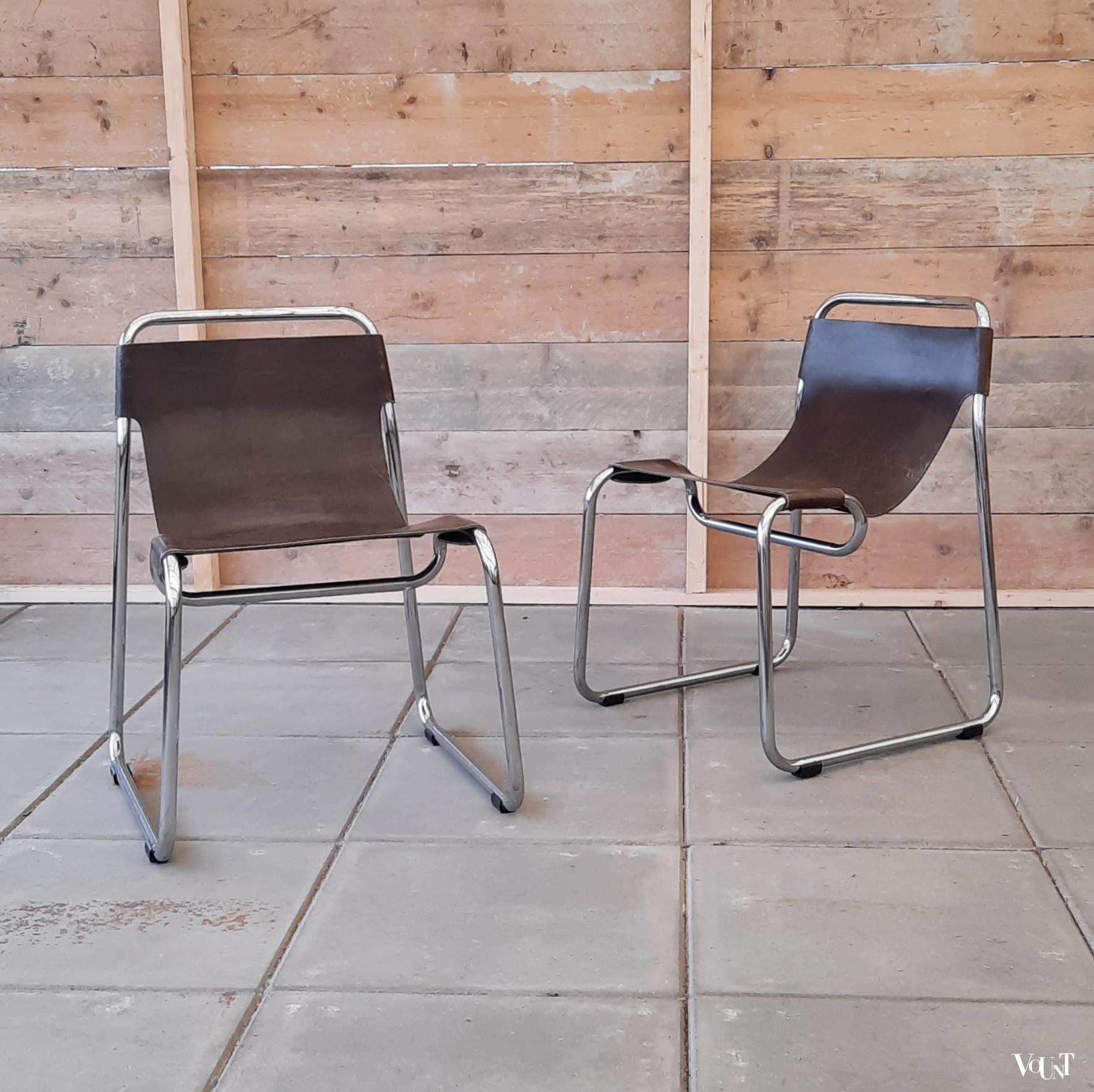 Set van 2 mid-century buisframe stoelen / tubular sling chairs met leer