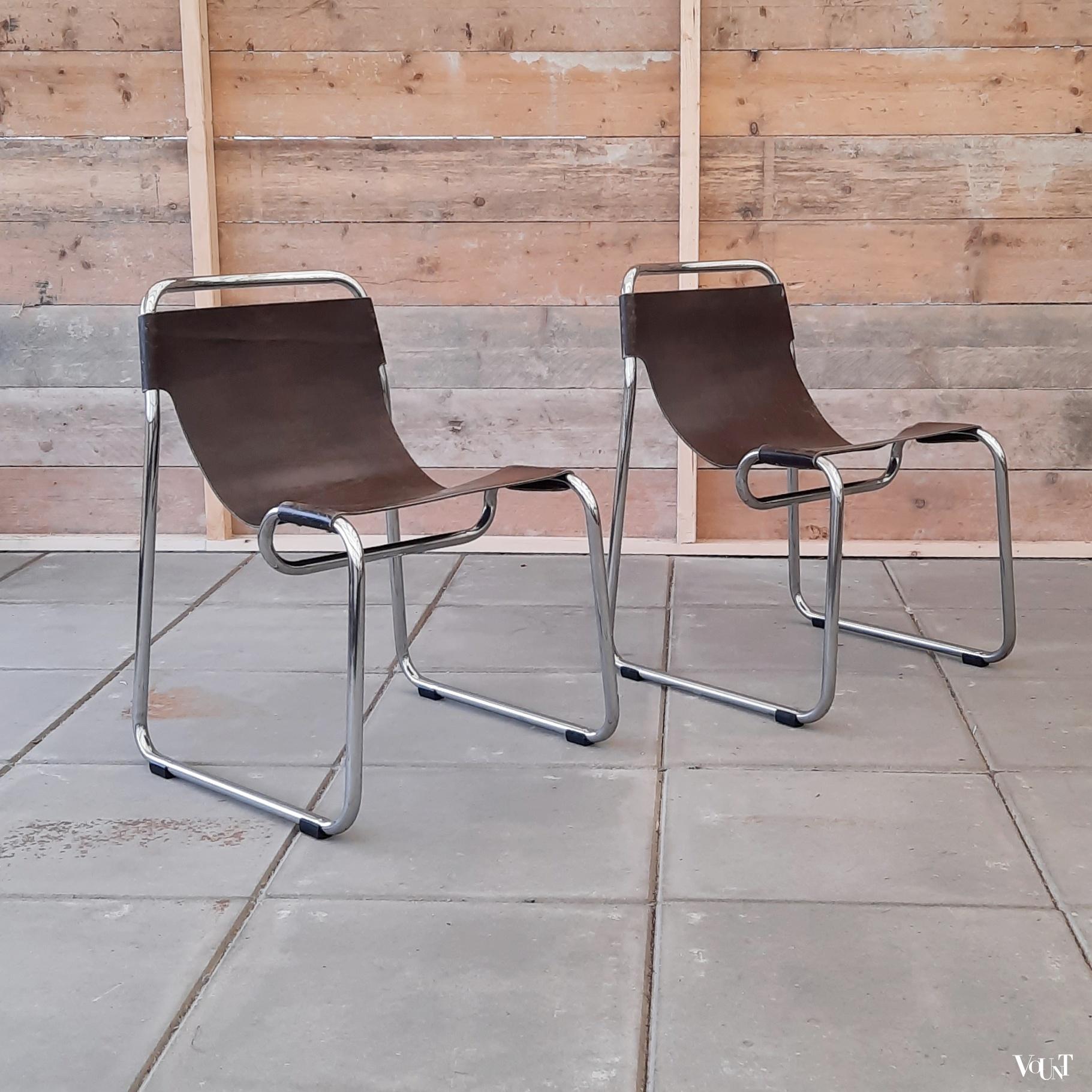 Set van 2 mid-century buisframe stoelen / tubular sling chairs met leer