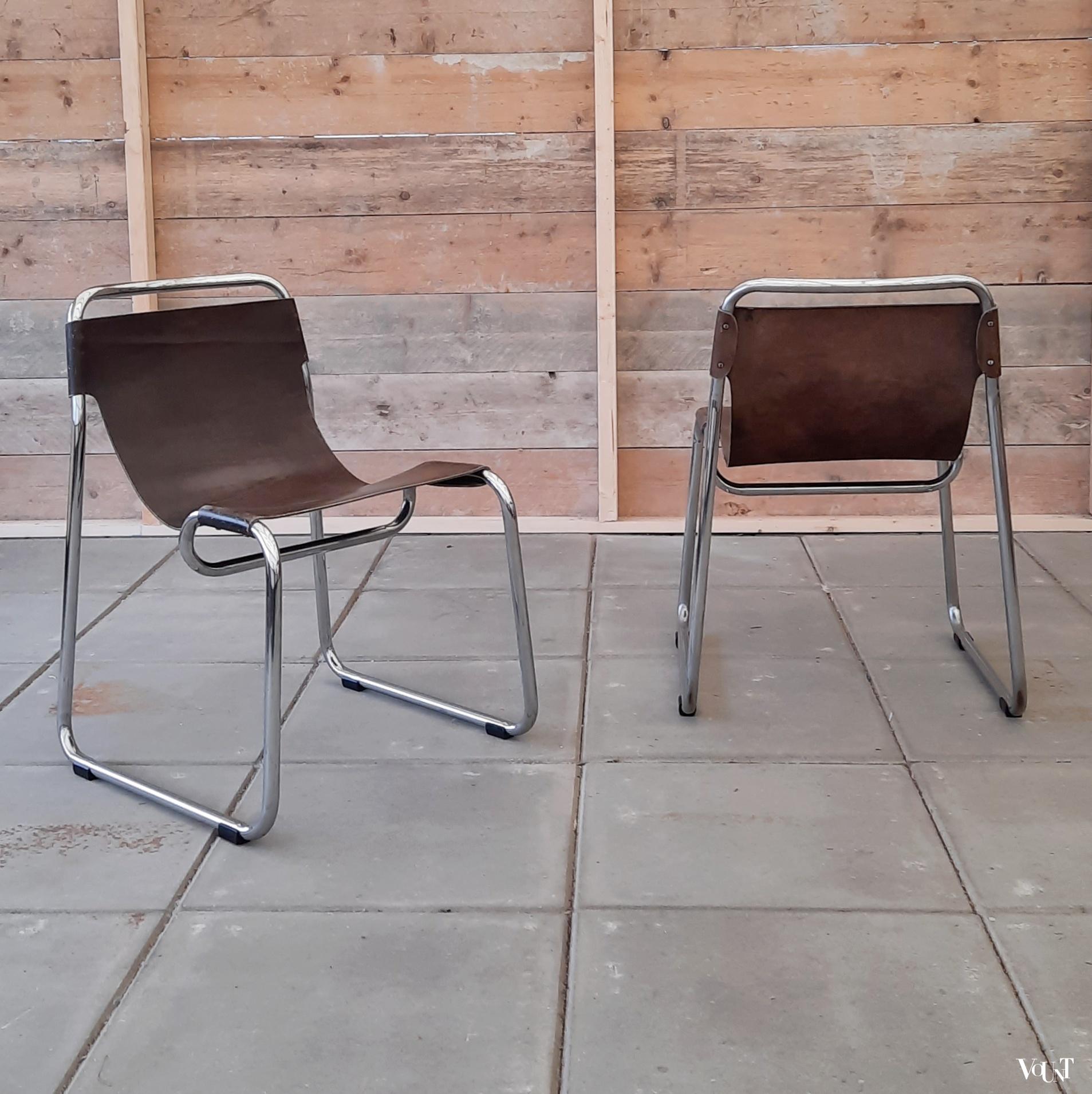 Set van 2 mid-century buisframe stoelen / tubular sling chairs met leer