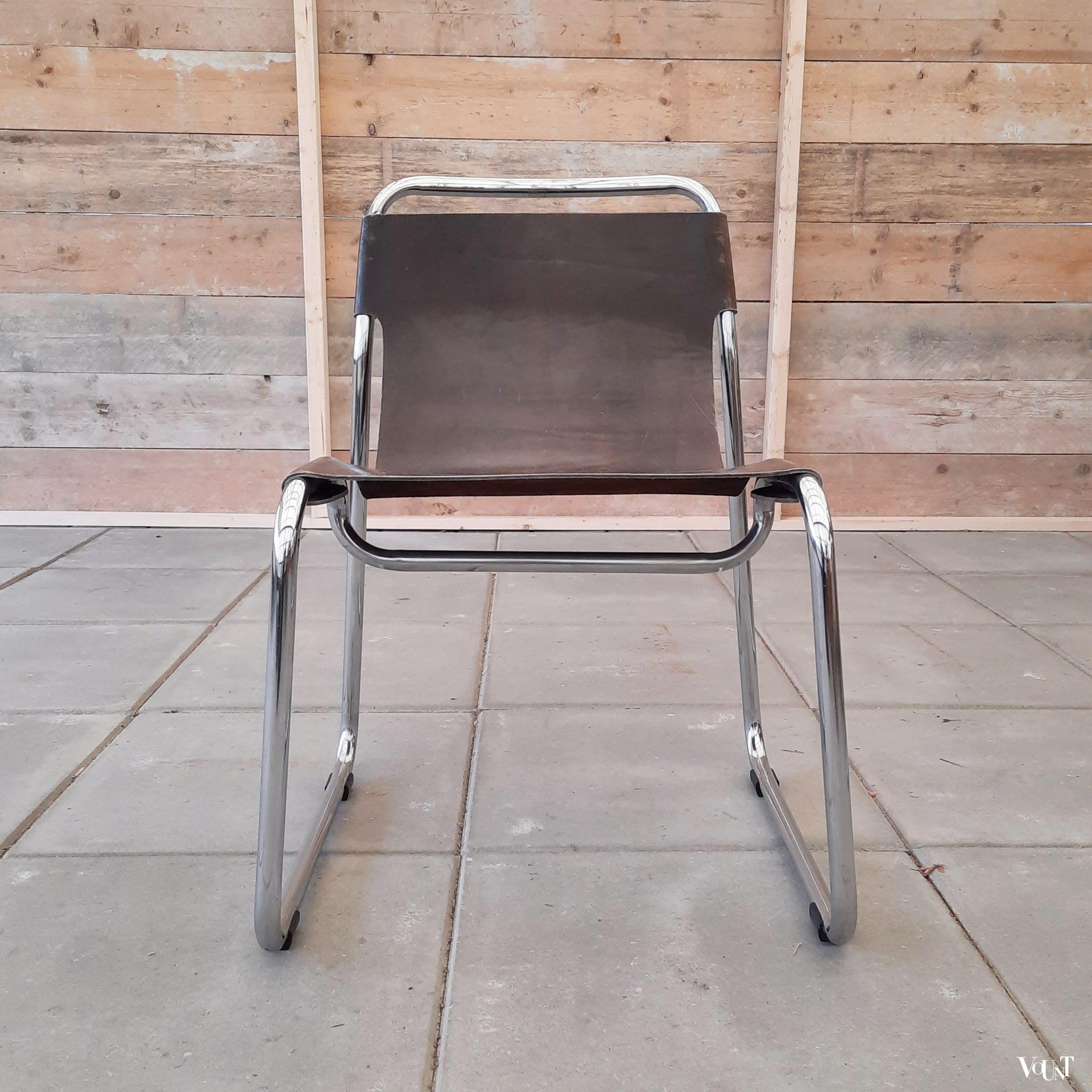 Set van 2 mid-century buisframe stoelen / tubular sling chairs met leer