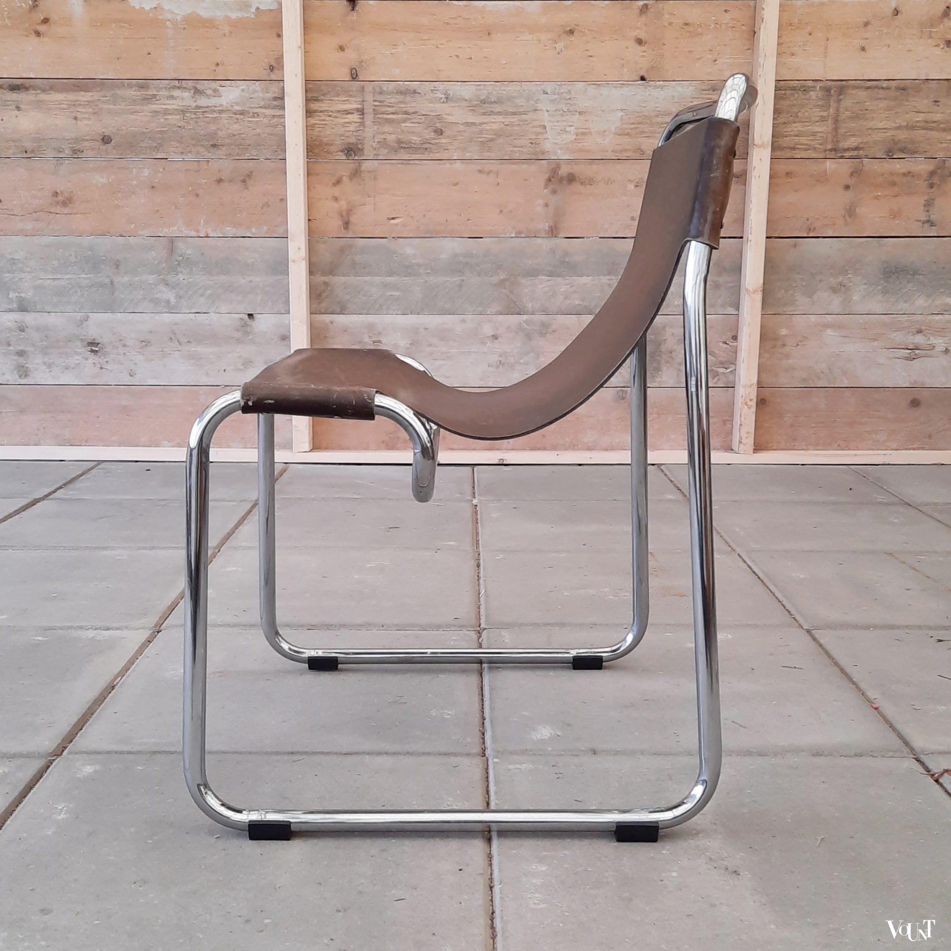 Set van 2 mid-century buisframe stoelen / tubular sling chairs met leer