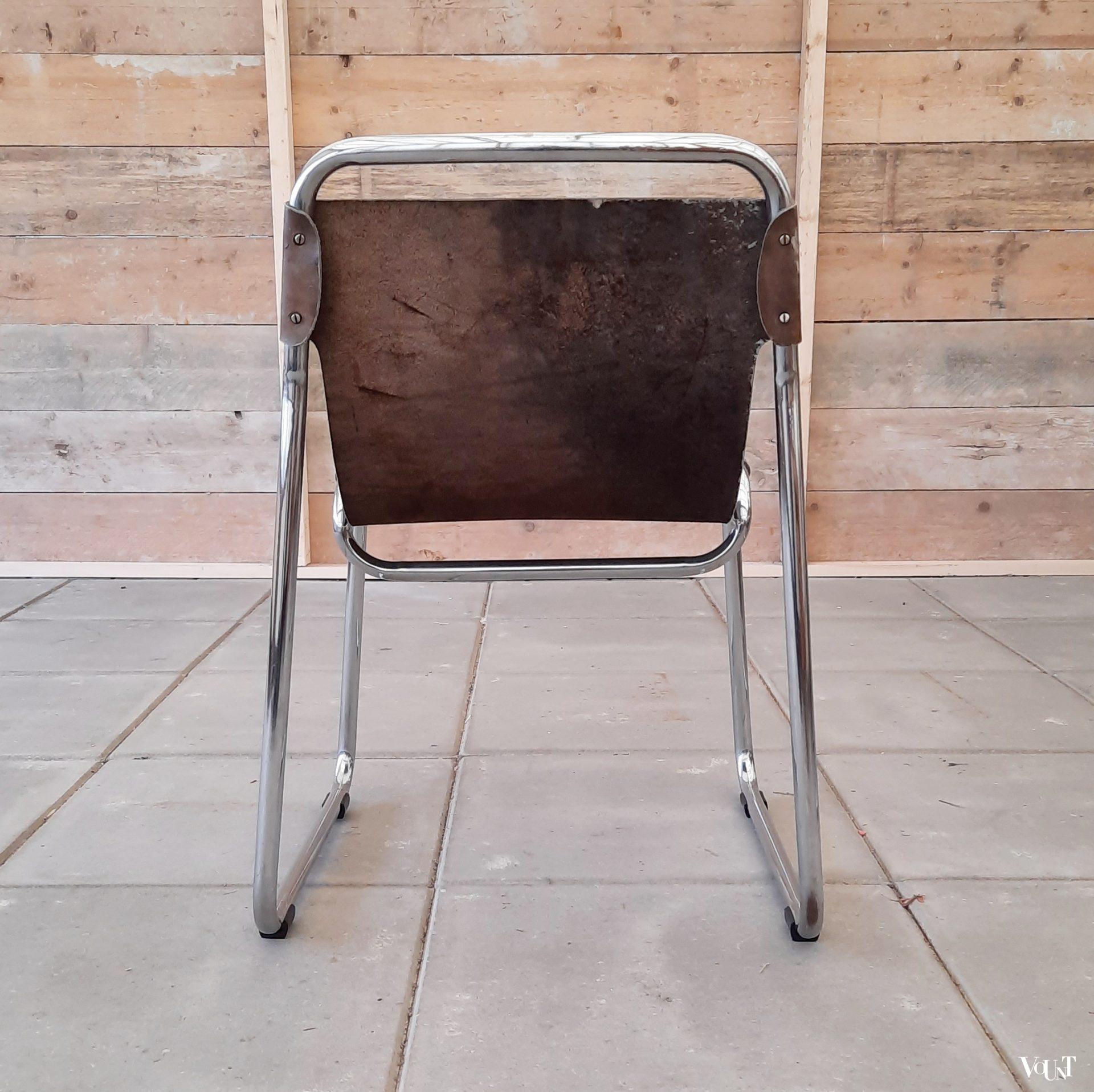 Set van 2 mid-century buisframe stoelen / tubular sling chairs met leer