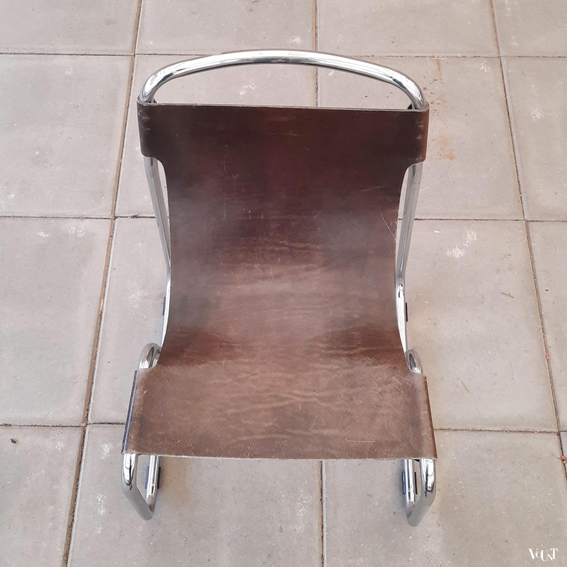 Set van 2 mid-century buisframe stoelen / tubular sling chairs met leer