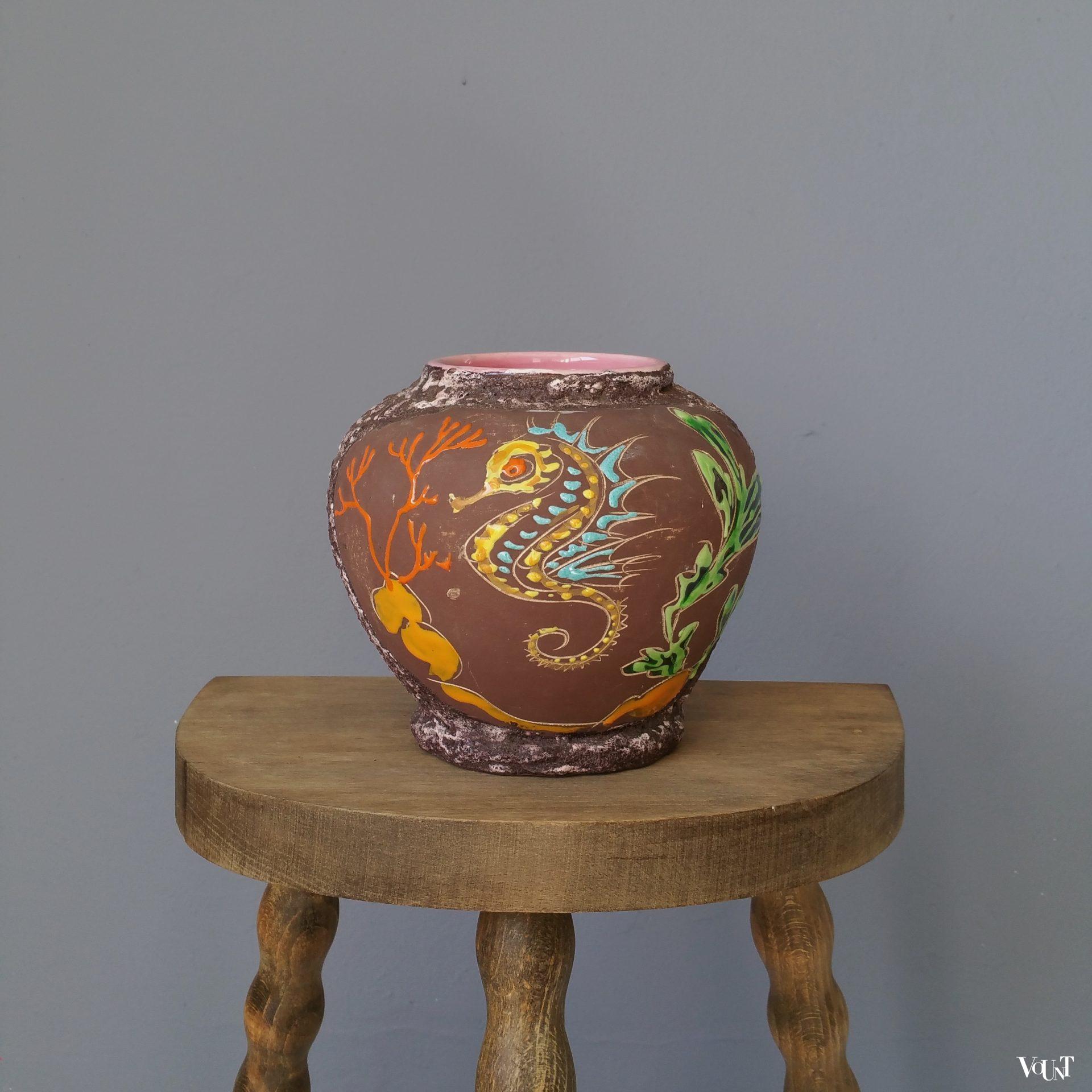 Frans fat lava vaasje zeepaardje, Atelier Lamarche, Vallauris, jaren '50/'60