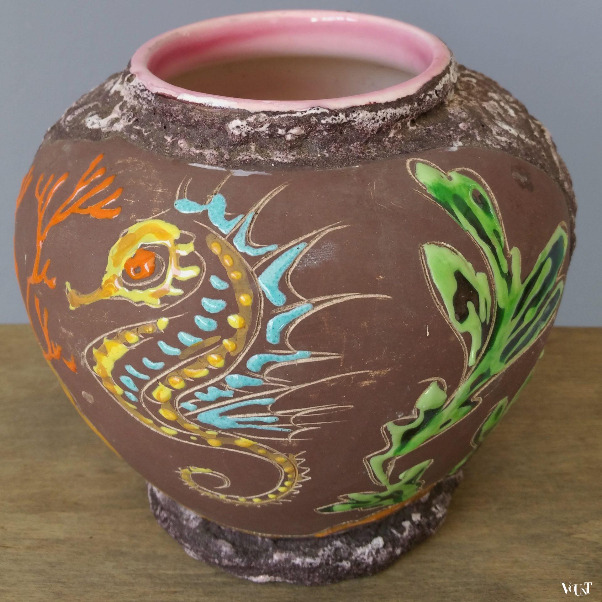 Frans fat lava vaasje zeepaardje, Atelier Lamarche, Vallauris, jaren '50/'60