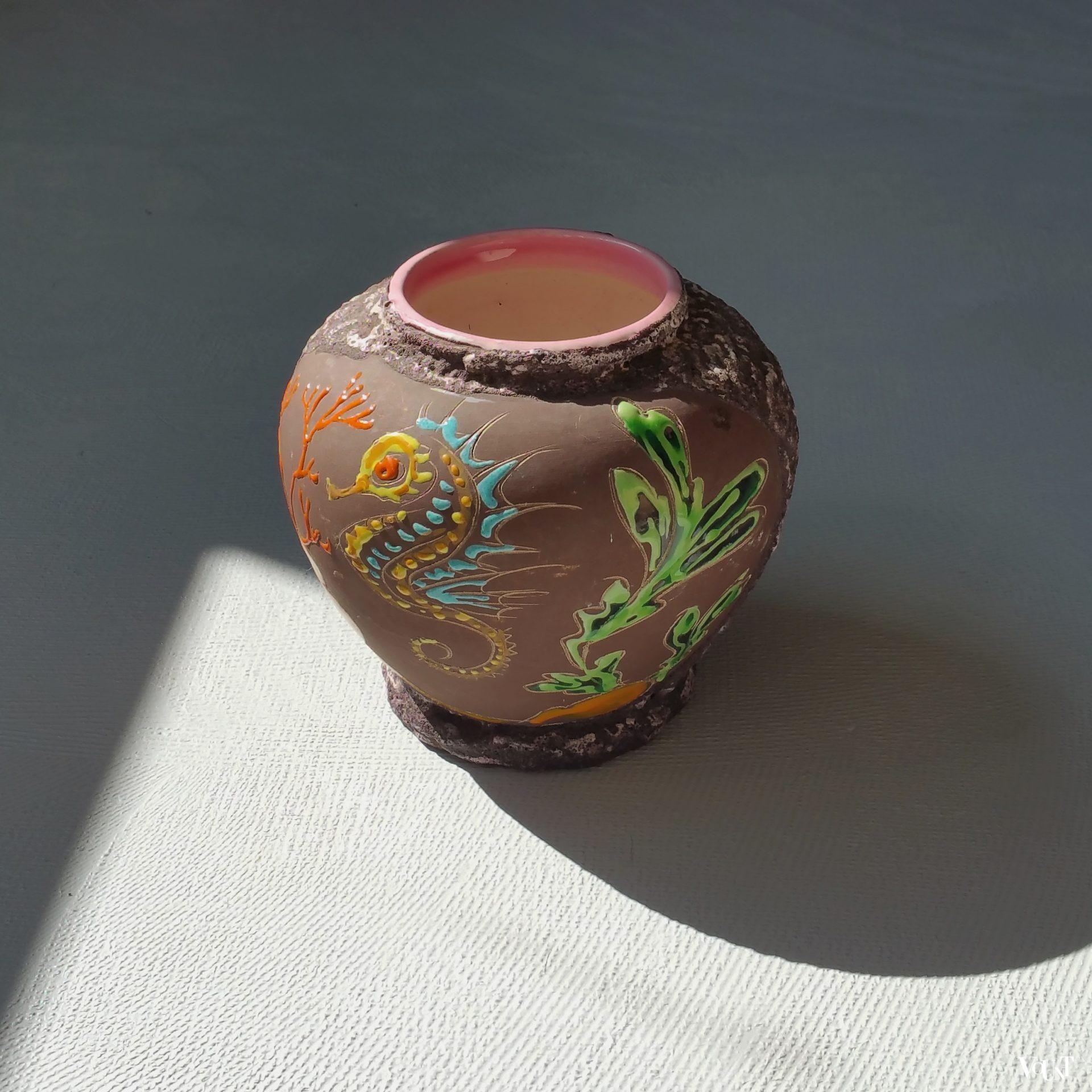 Frans fat lava vaasje zeepaardje, Atelier Lamarche, Vallauris, jaren '50/'60