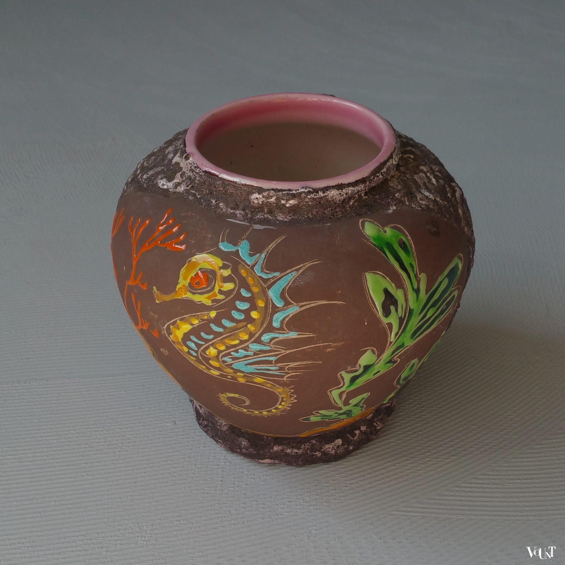 Frans fat lava vaasje zeepaardje, Atelier Lamarche, Vallauris, jaren '50/'60