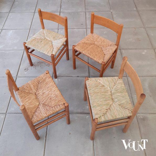 Set van 4 eettafelstoelen met biezen zitting, J.W. van Heuvel voor Ad Vorm, jaren '60