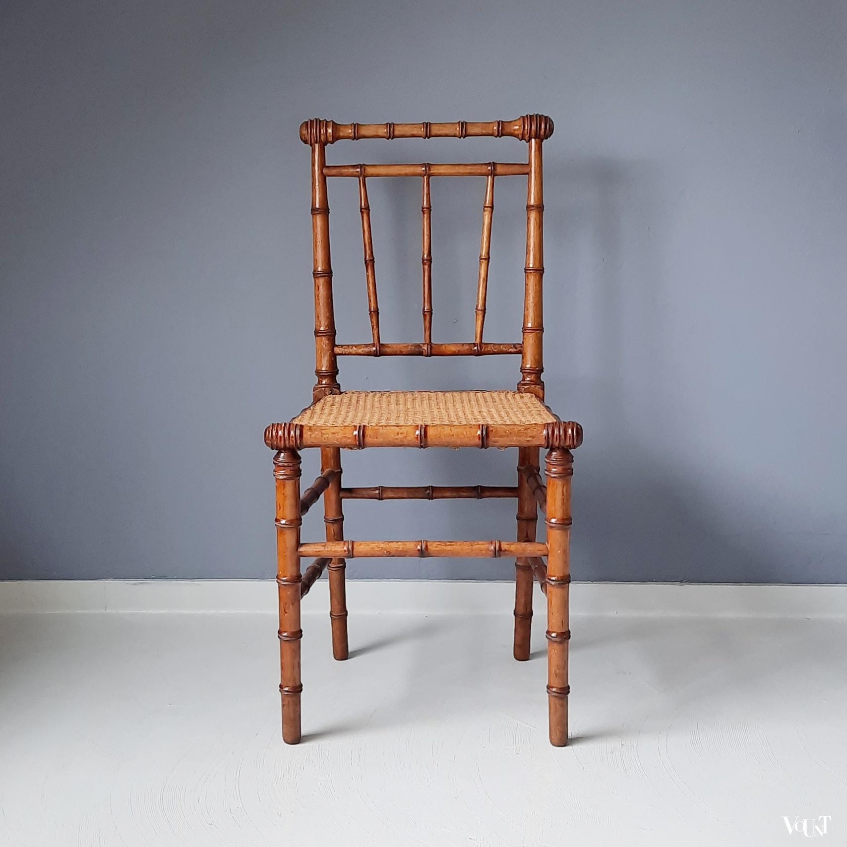 Set van 2 faux bamboo stoeltje met rotan zitting, rond 1900