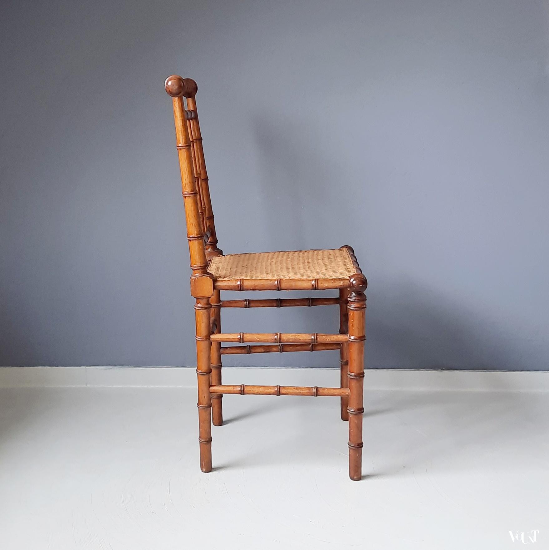 Set van 2 faux bamboo stoeltje met rotan zitting, rond 1900