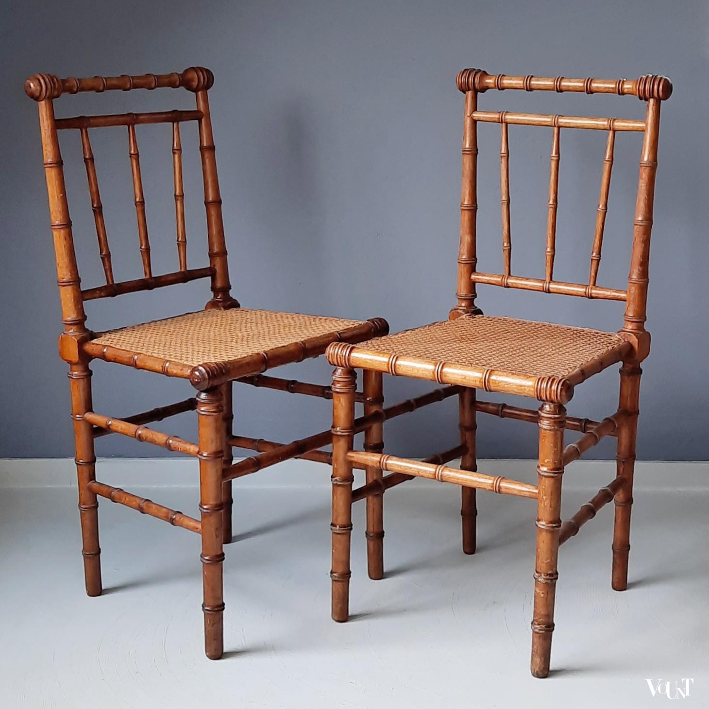 Set van 2 faux bamboo stoeltje met rotan zitting, rond 1900