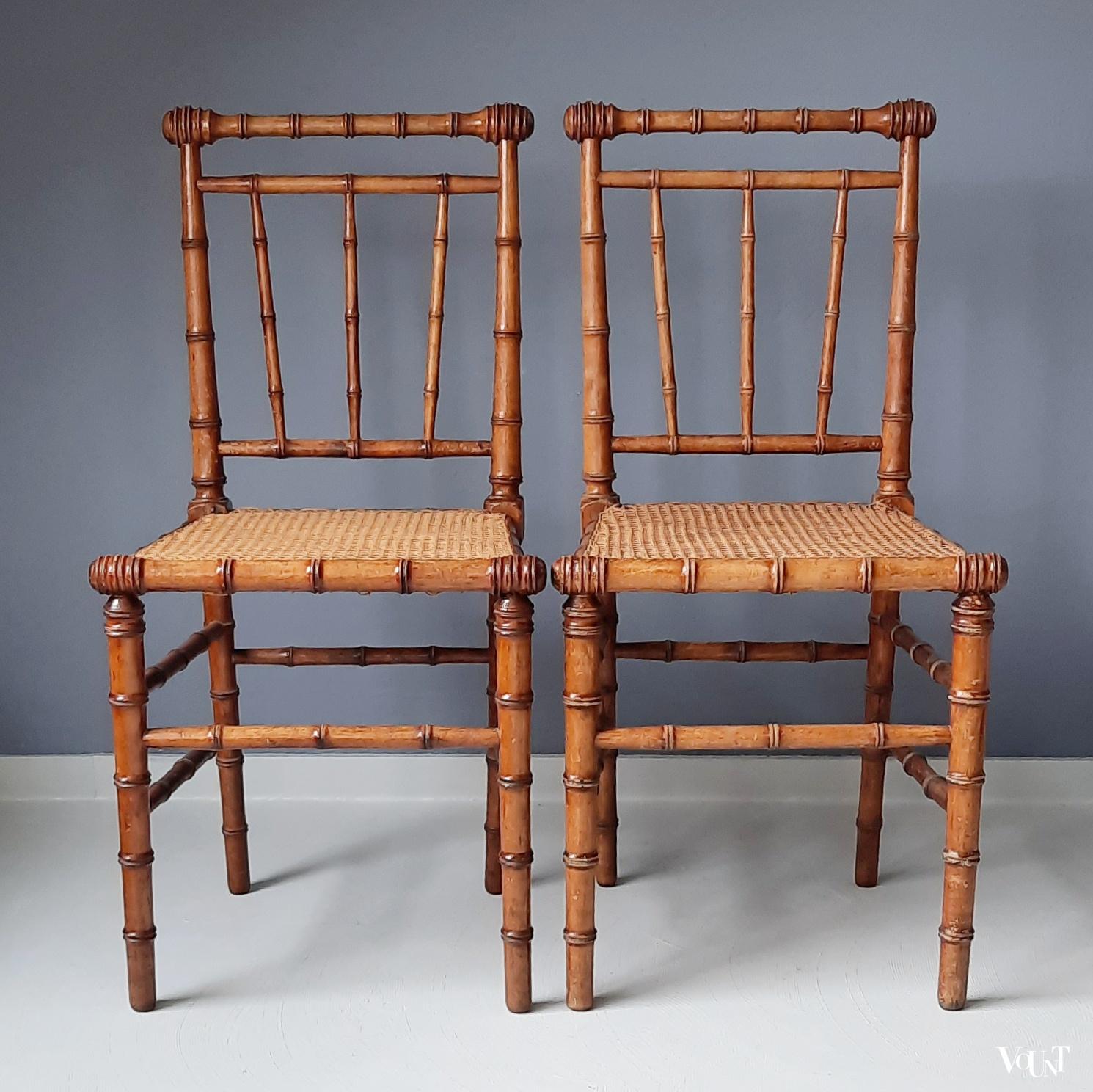 Set van 2 faux bamboo stoeltje met rotan zitting, rond 1900