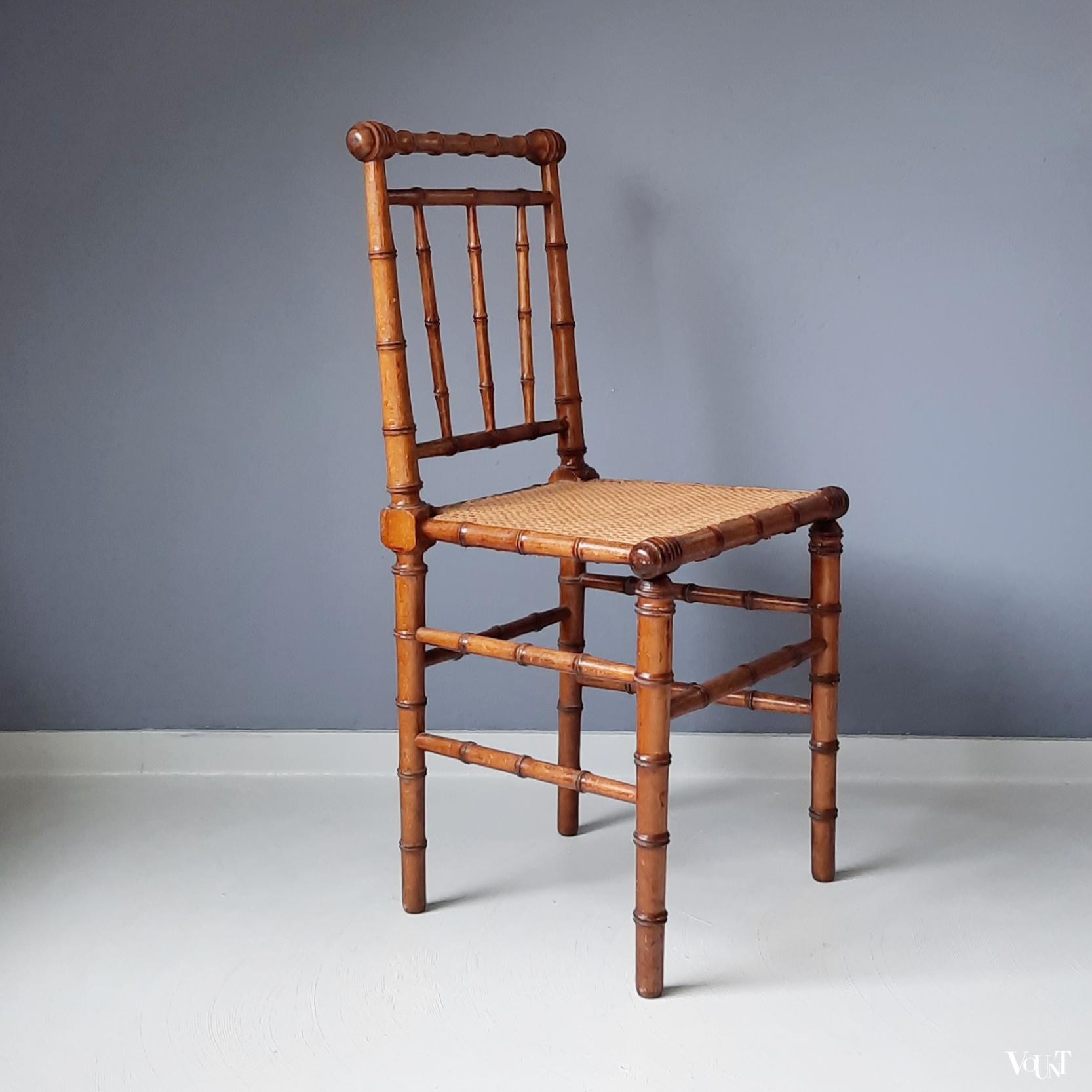 Set van 2 faux bamboo stoeltje met rotan zitting, rond 1900