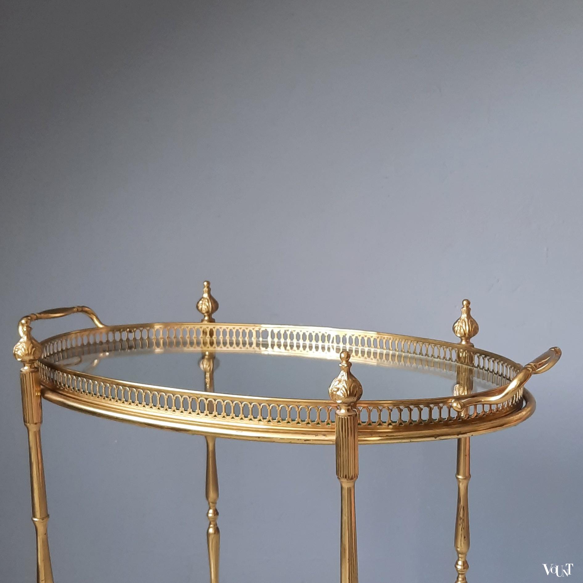 Ovale messing trolley / bar cart met glasplaten, jaren '60