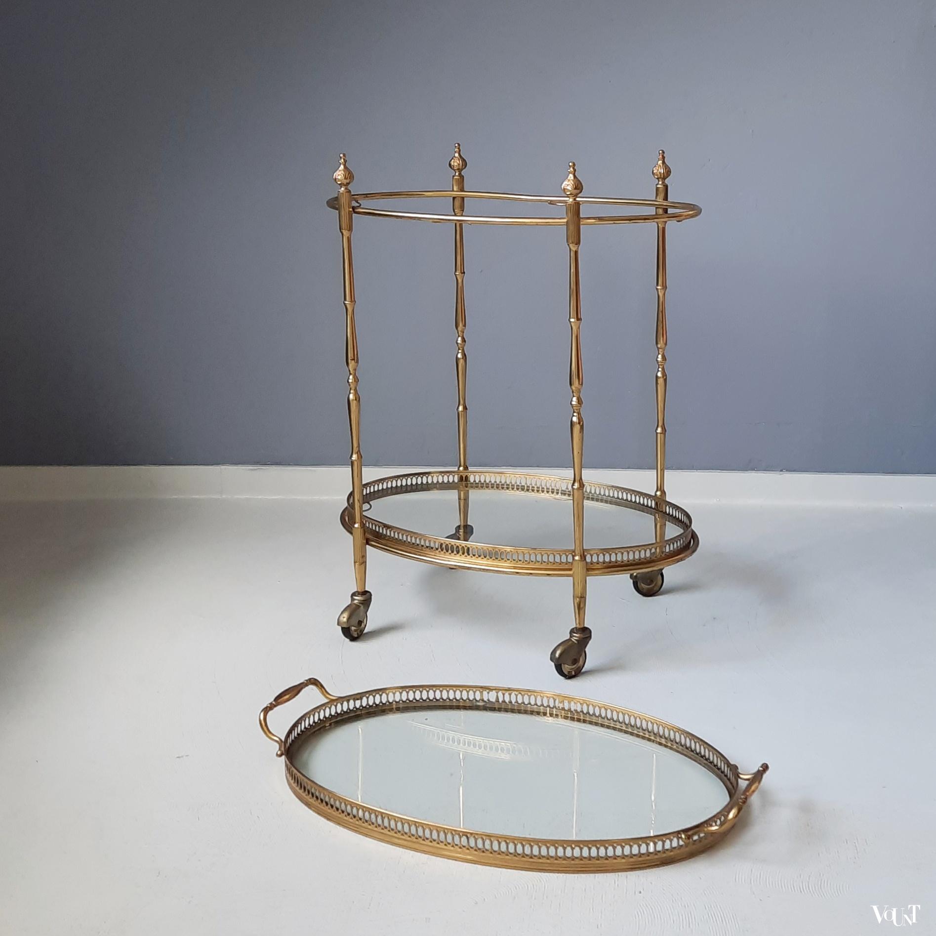 Ovale messing trolley / bar cart met glasplaten, jaren '60
