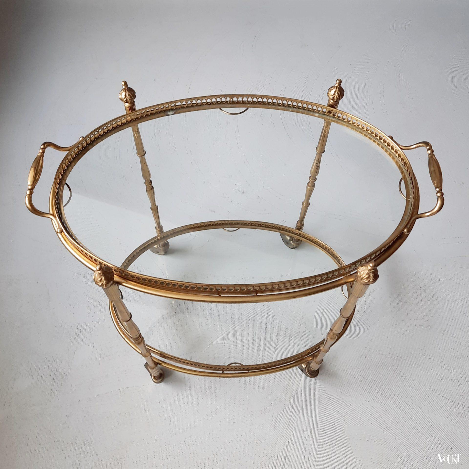 Ovale messing trolley / bar cart met glasplaten, jaren '60