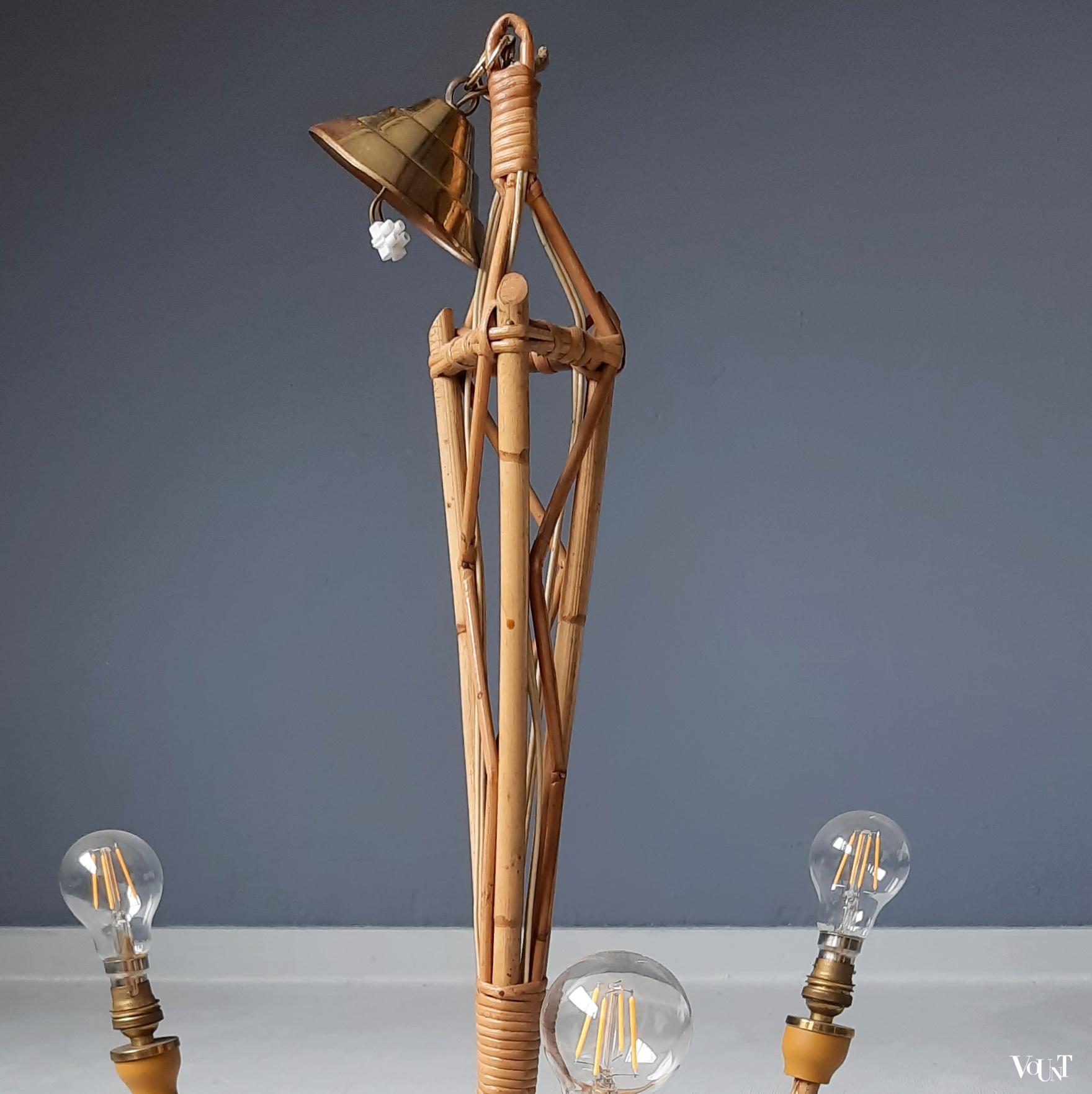 Franse rotan hanglamp met 3 kapjes, jaren '50