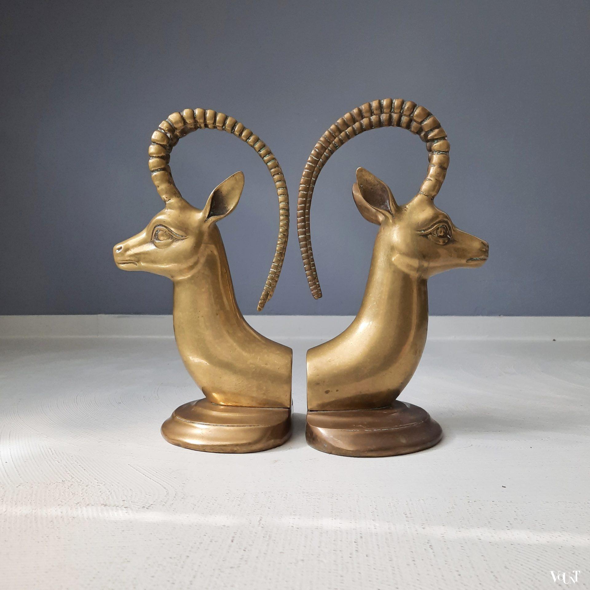 Messing boekensteunen antilopenkoppen, jaren '70