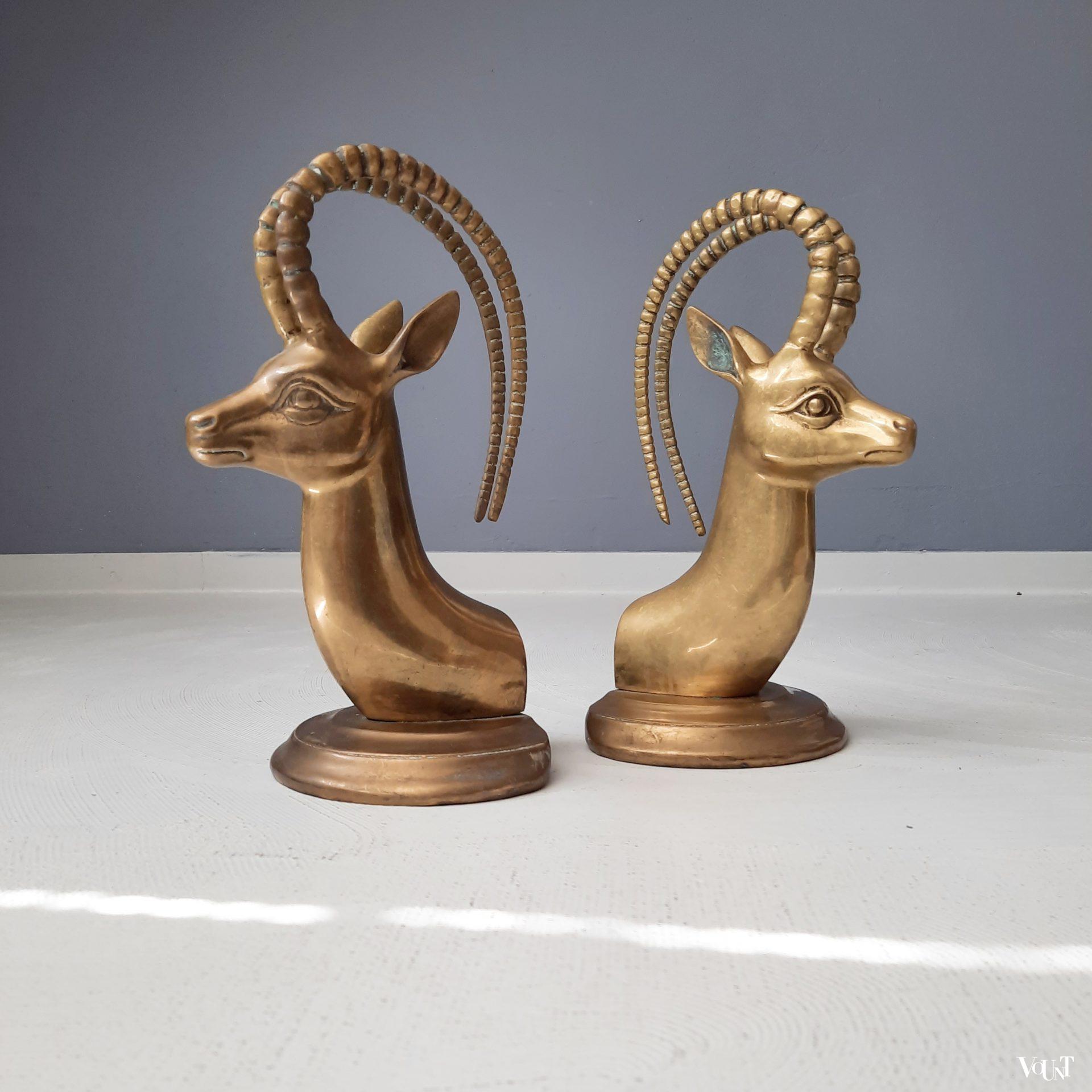 Messing boekensteunen antilopenkoppen, jaren '70