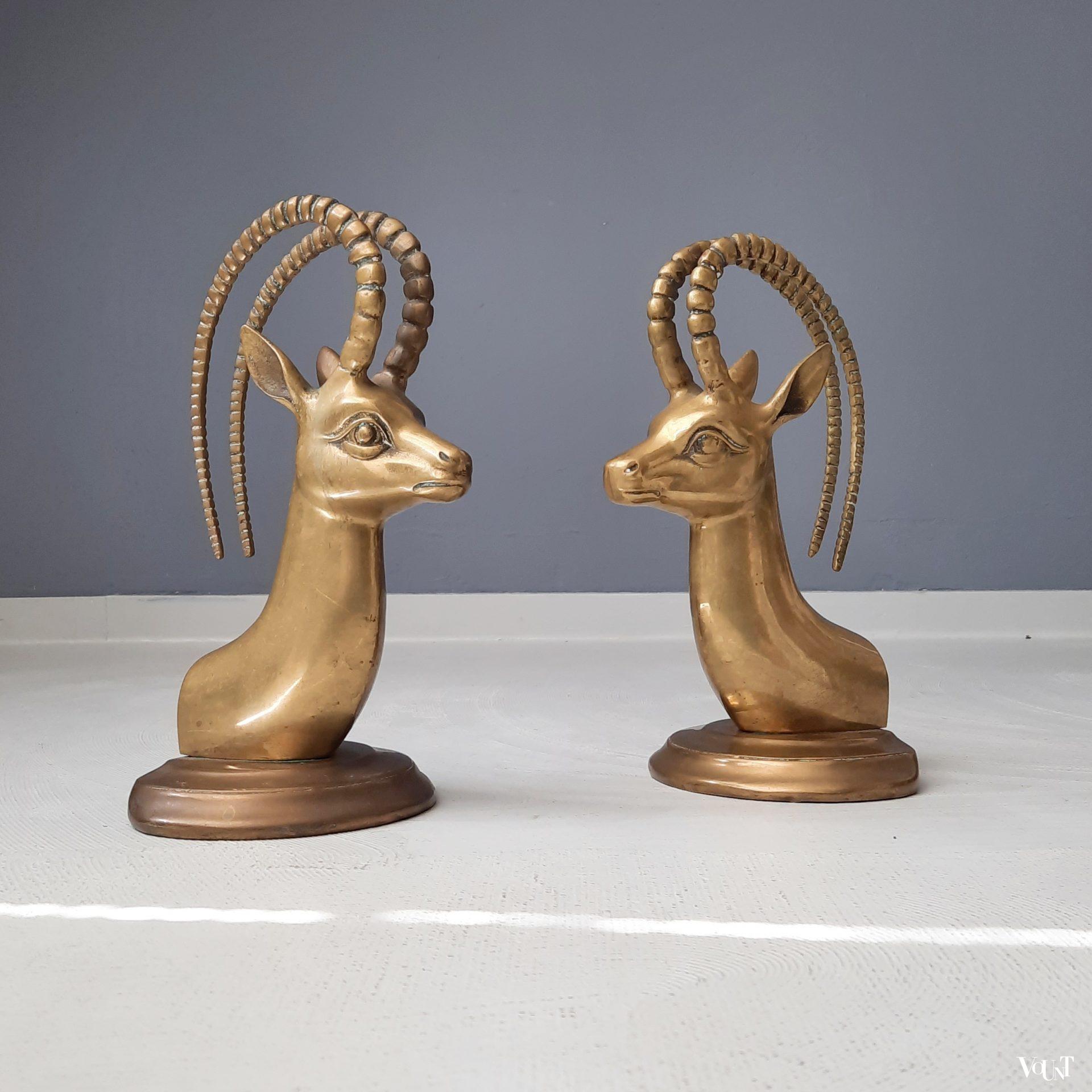 Messing boekensteunen antilopenkoppen, jaren '70