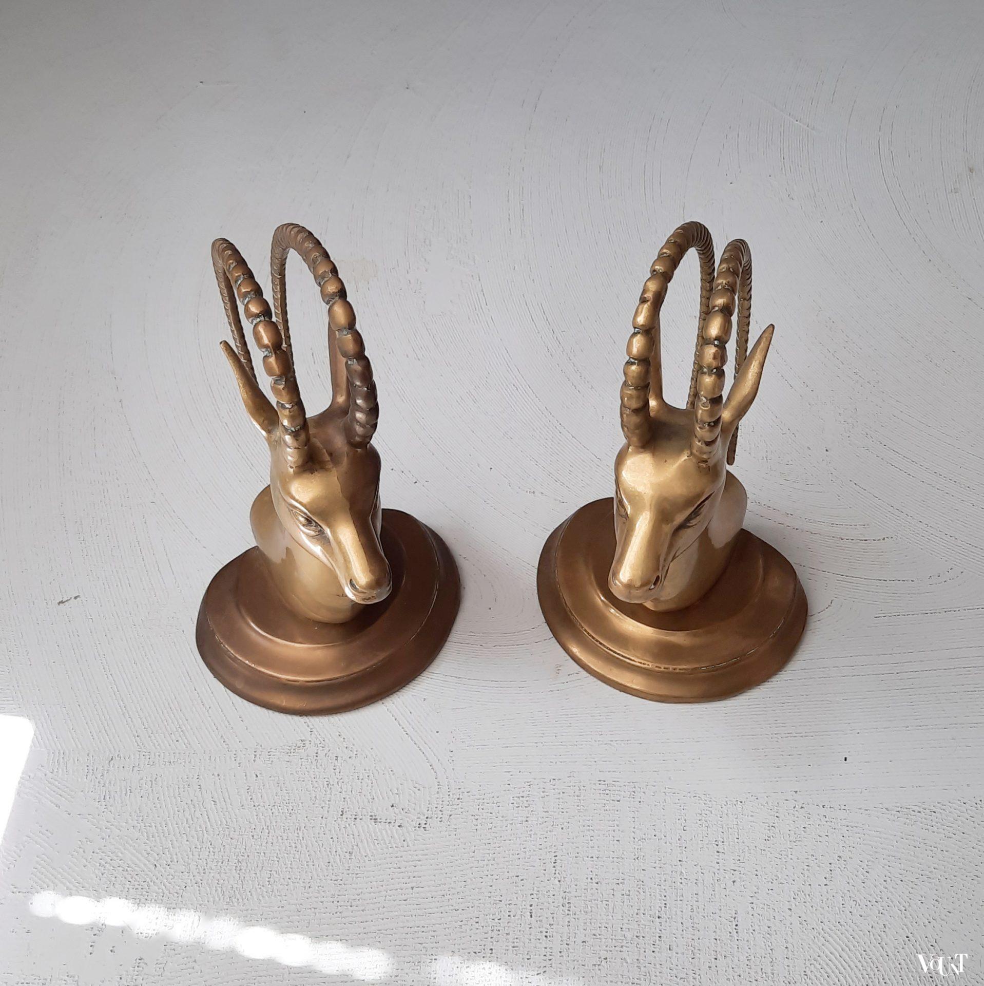 Messing boekensteunen antilopenkoppen, jaren '70