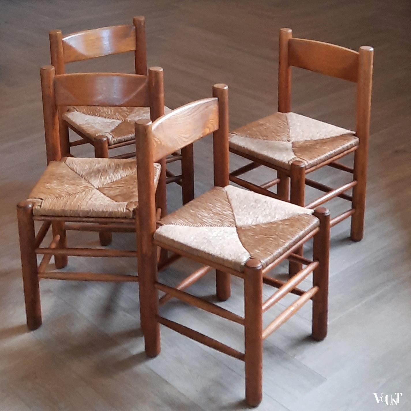 Set van 4 brutalist stoelen hout met biezen, jaren '70