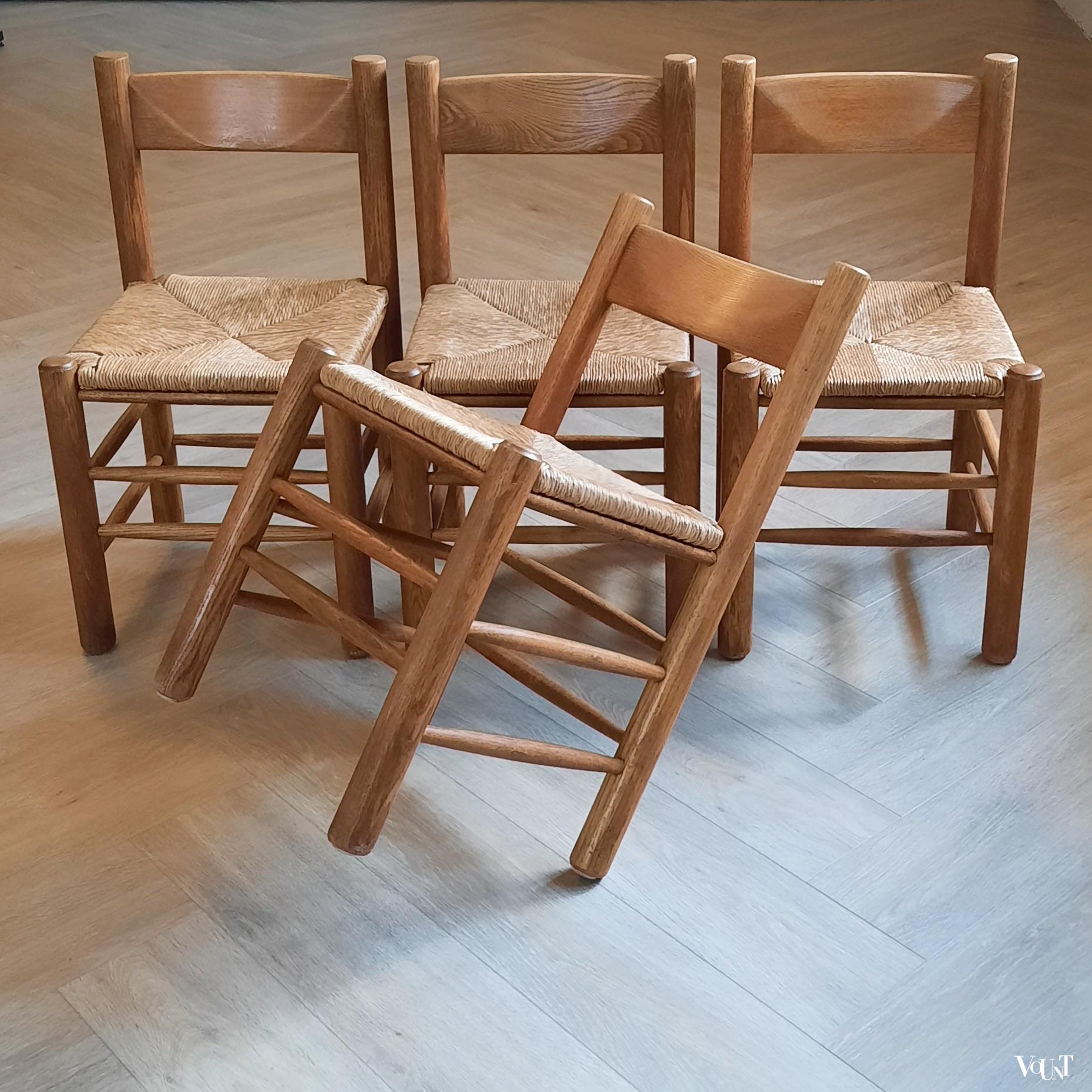 Set van 4 brutalist stoelen hout met biezen, jaren '70
