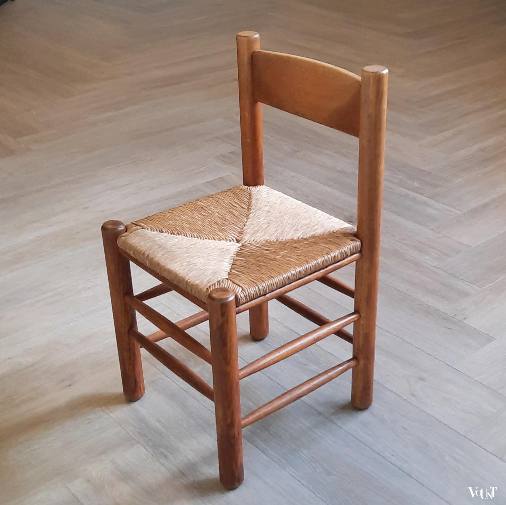 Set van 4 brutalist stoelen hout met biezen, jaren '70