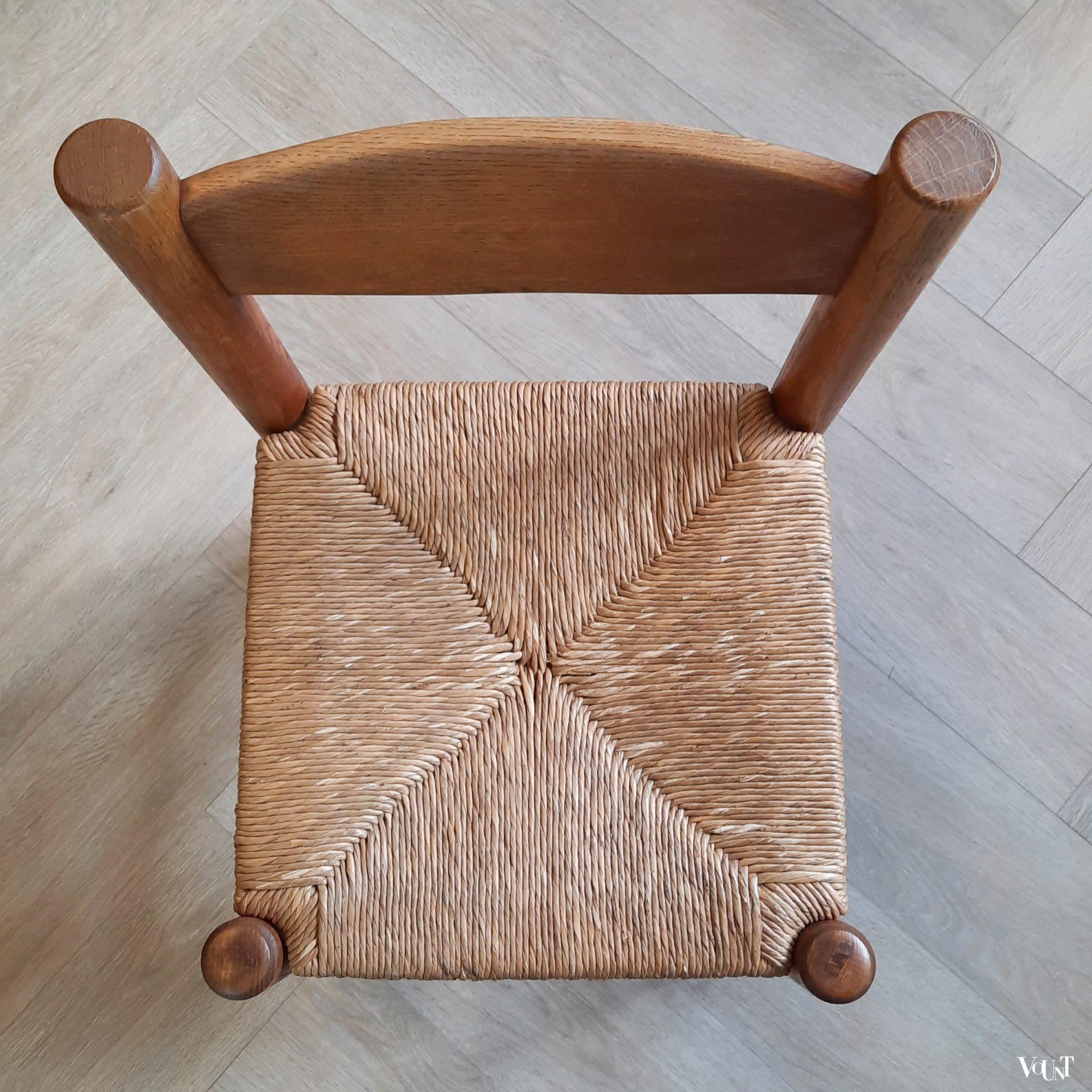 Set van 4 brutalist stoelen hout met biezen, jaren '70