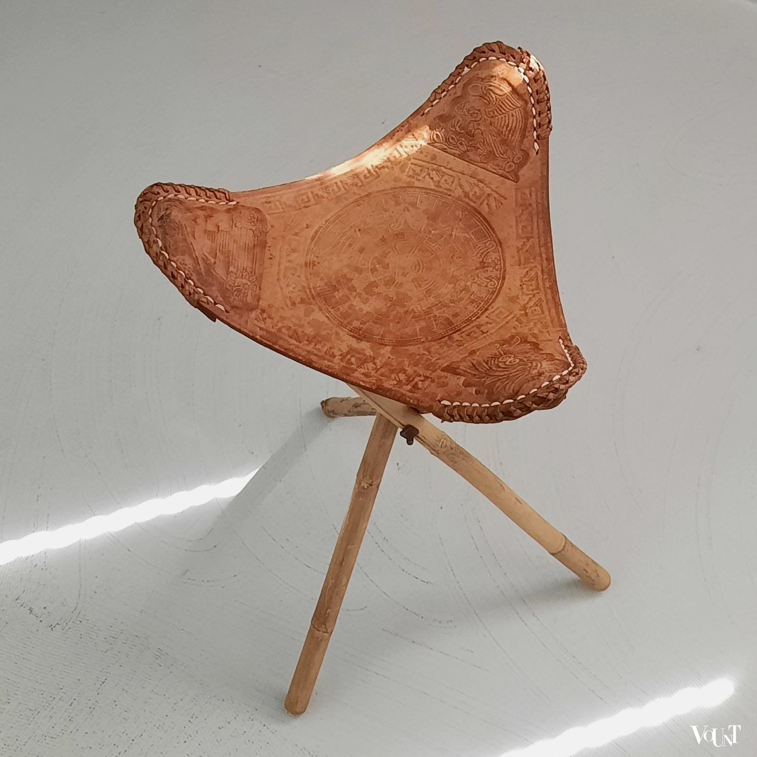 Vintage driepoot vouwkrukje bamboe met leer