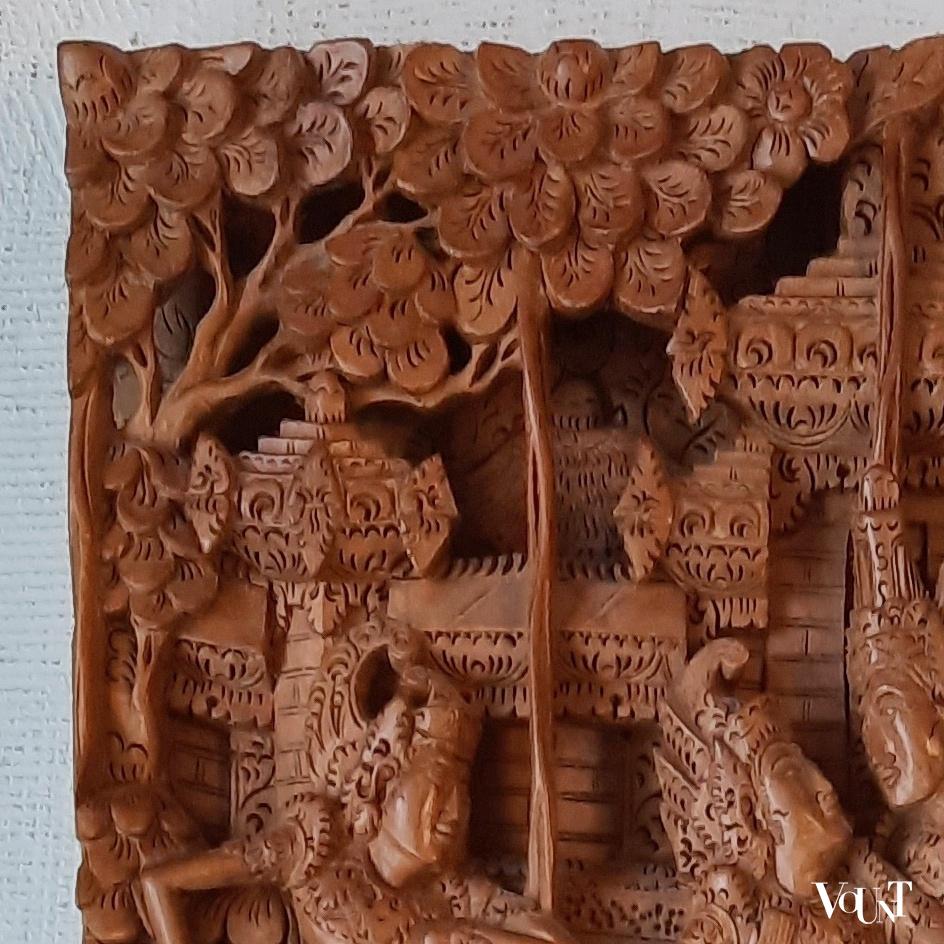Balinees houtsnijwerk wandpaneel (Rama en Sita), 2e helft 20e eeuw