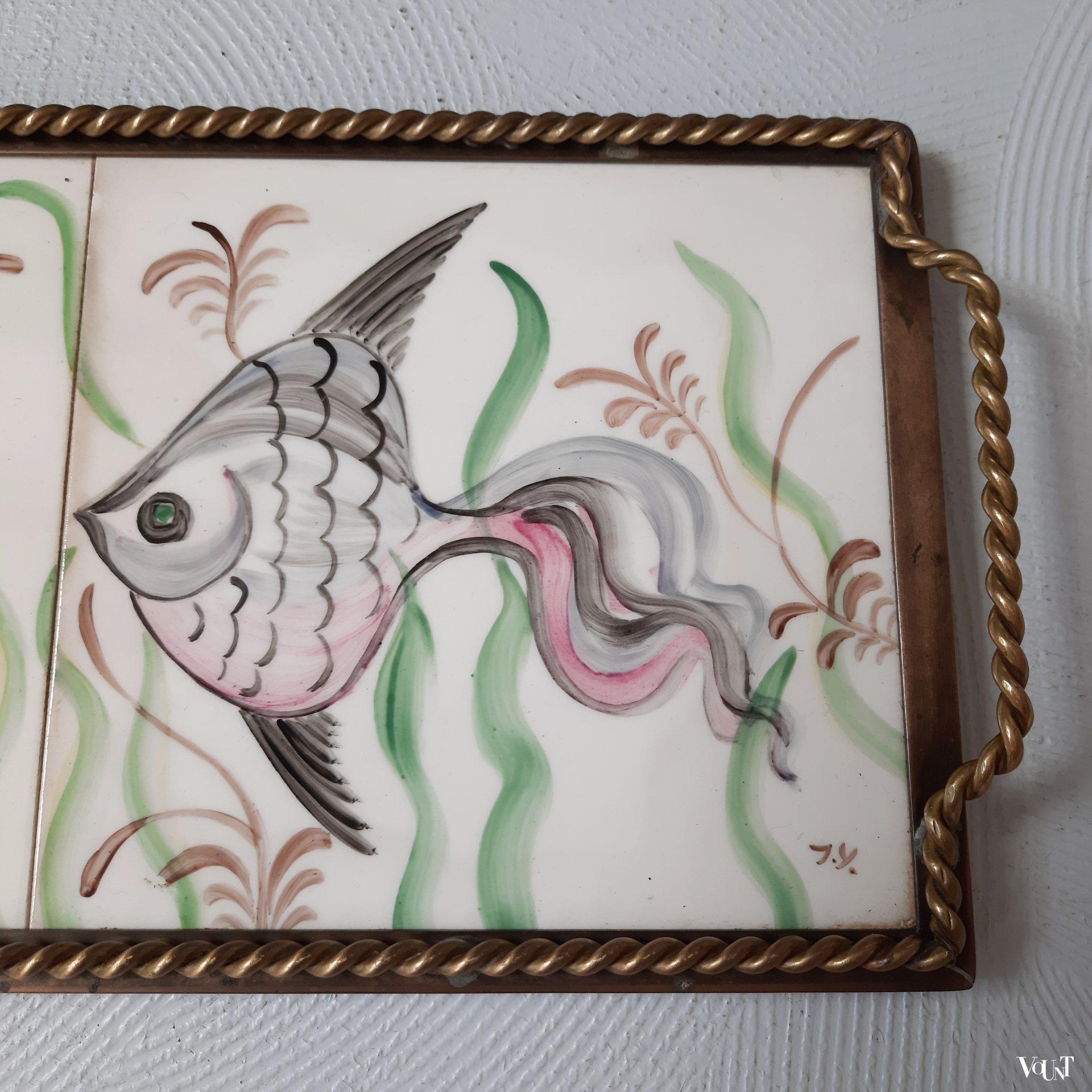 Dienblad met tegelplateau vissen, Handarbete G.A.F., Zweden, ca. jaren '50