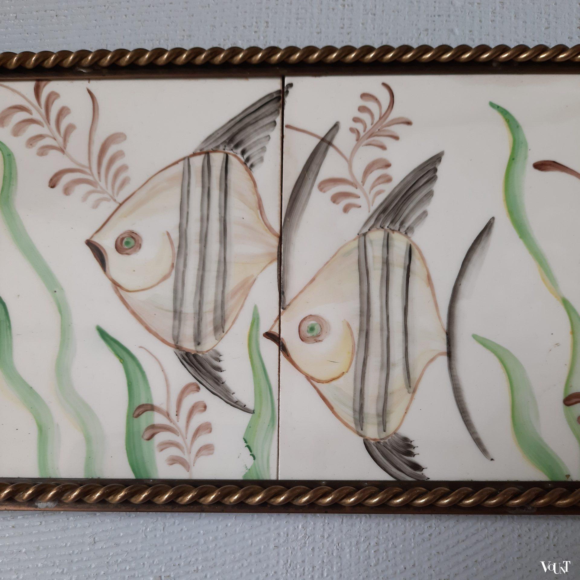 Dienblad met tegelplateau vissen, Handarbete G.A.F., Zweden, ca. jaren '50