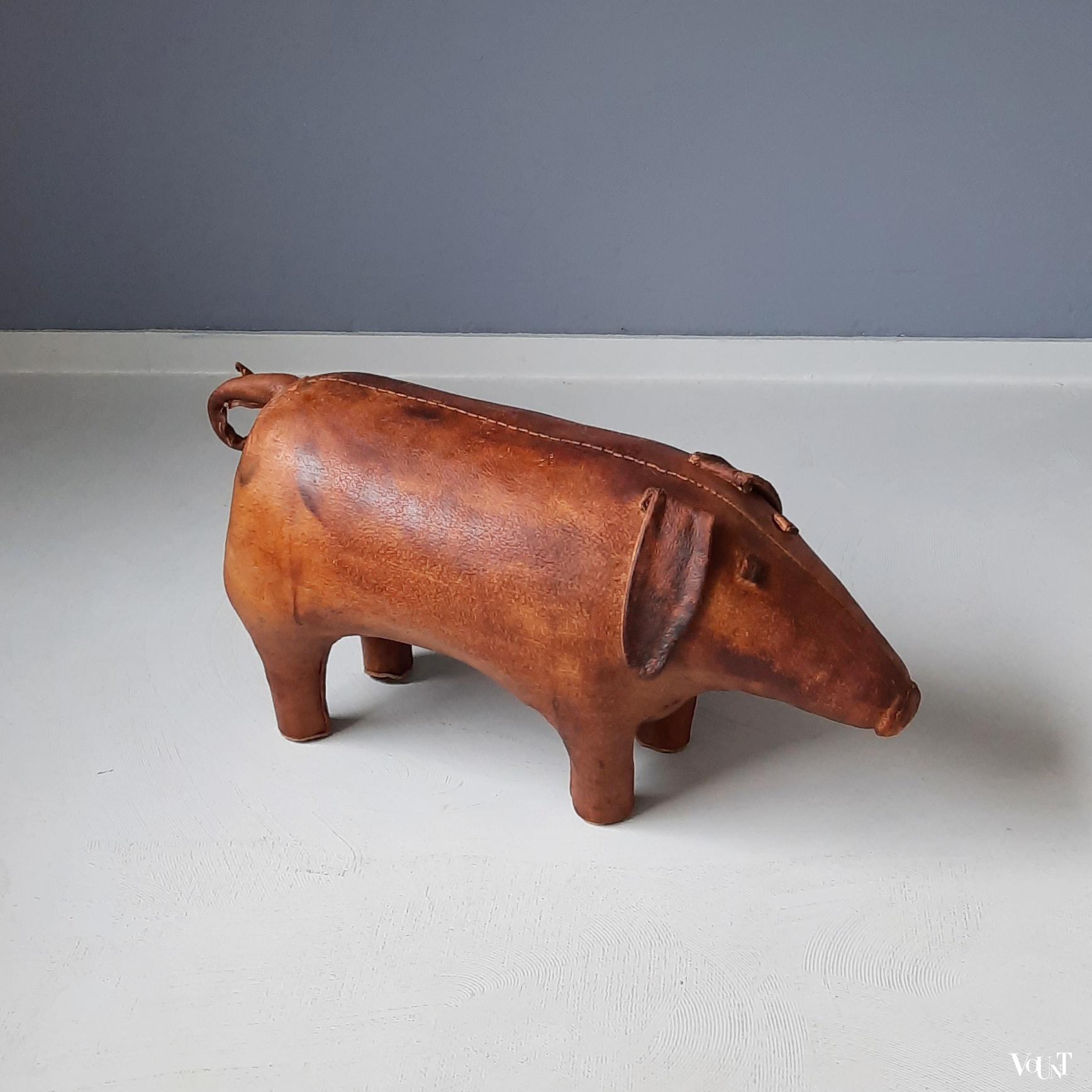 Vintage leren voetenbank varken, Omersa, jaren '60/'70