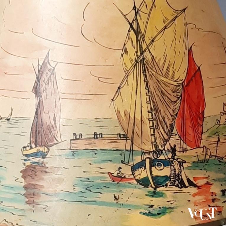 Franse tafellamp met handbeschilderde kap, jaren '50/'60