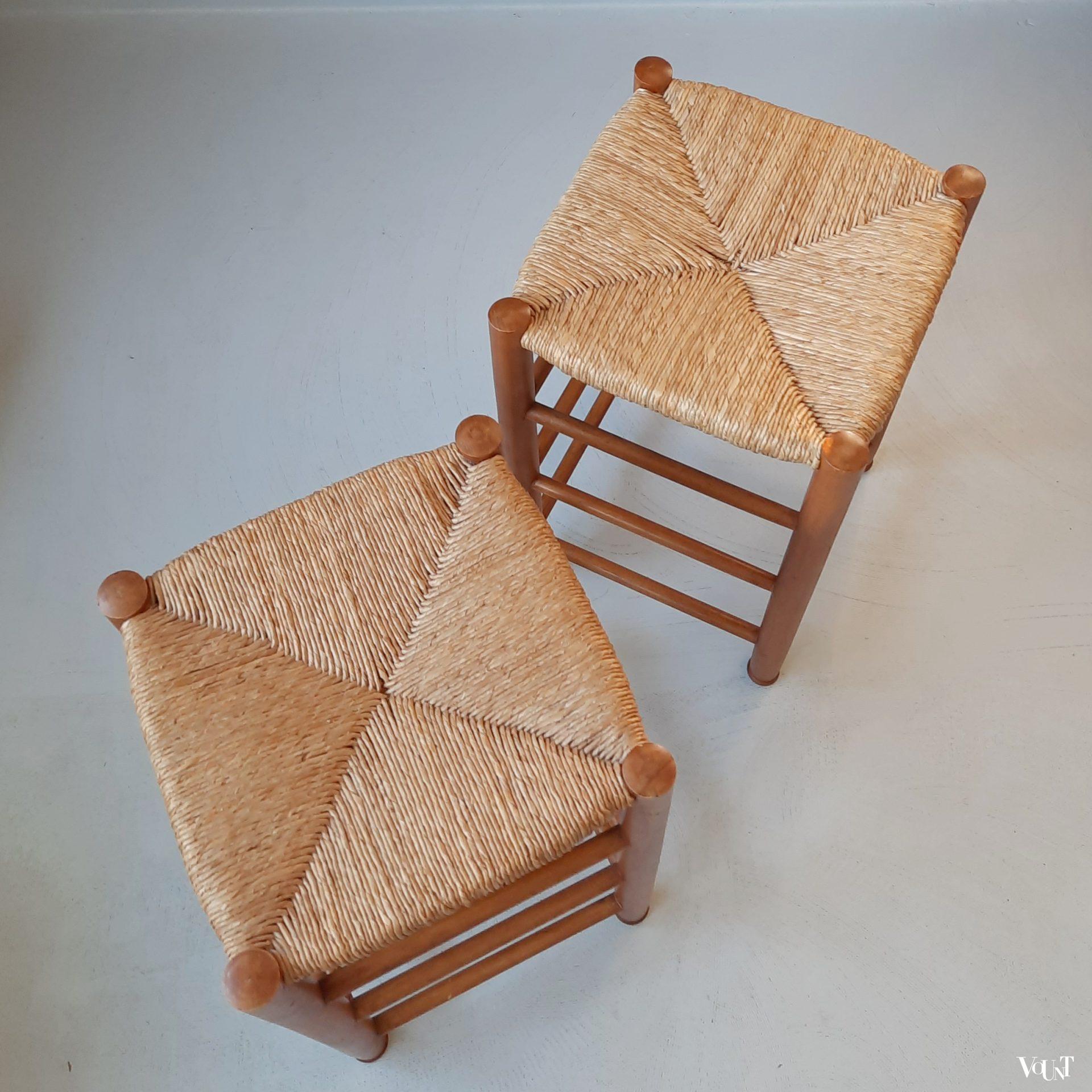 Set van 2 hoge krukken met biezen zitting, jaren '70