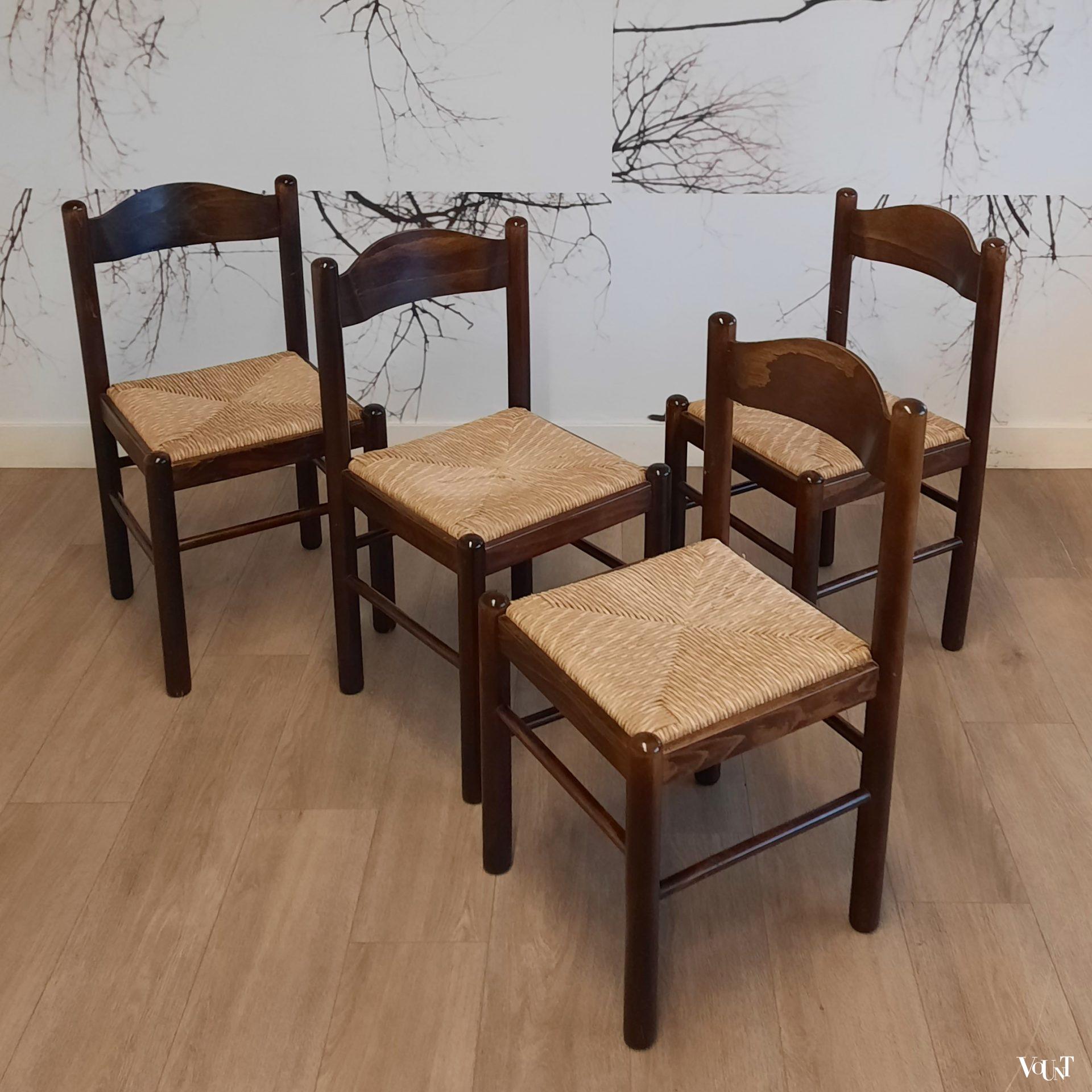 Set van 4 donkerbruine houten stoelen met biezen zitting, jaren '70