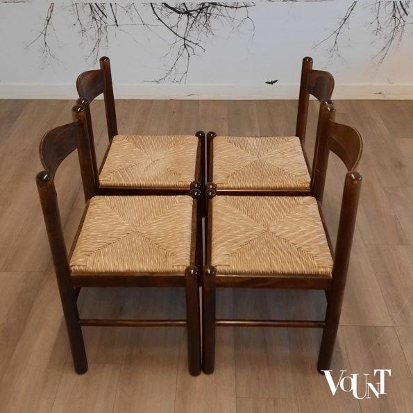 Set van 4 donkerbruine houten stoelen met biezen zitting, jaren '70