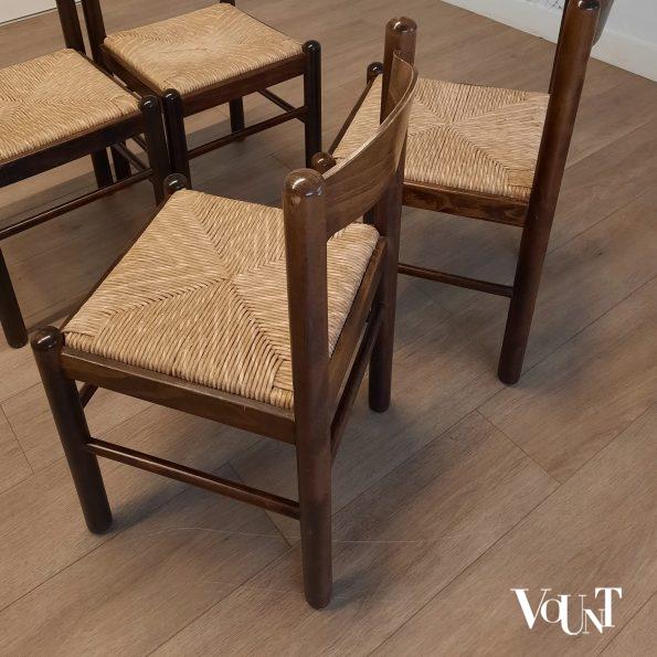Set van 4 donkerbruine houten stoelen met biezen zitting, jaren '70