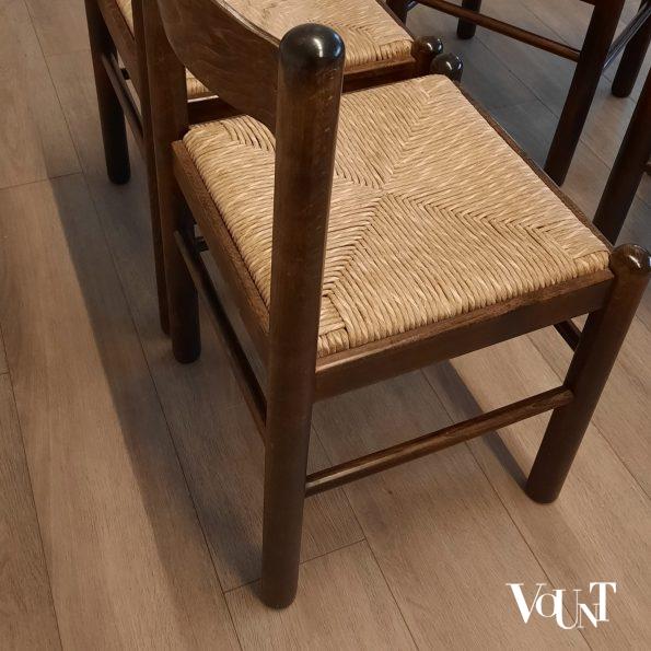 Set van 4 donkerbruine houten stoelen met biezen zitting, jaren '70