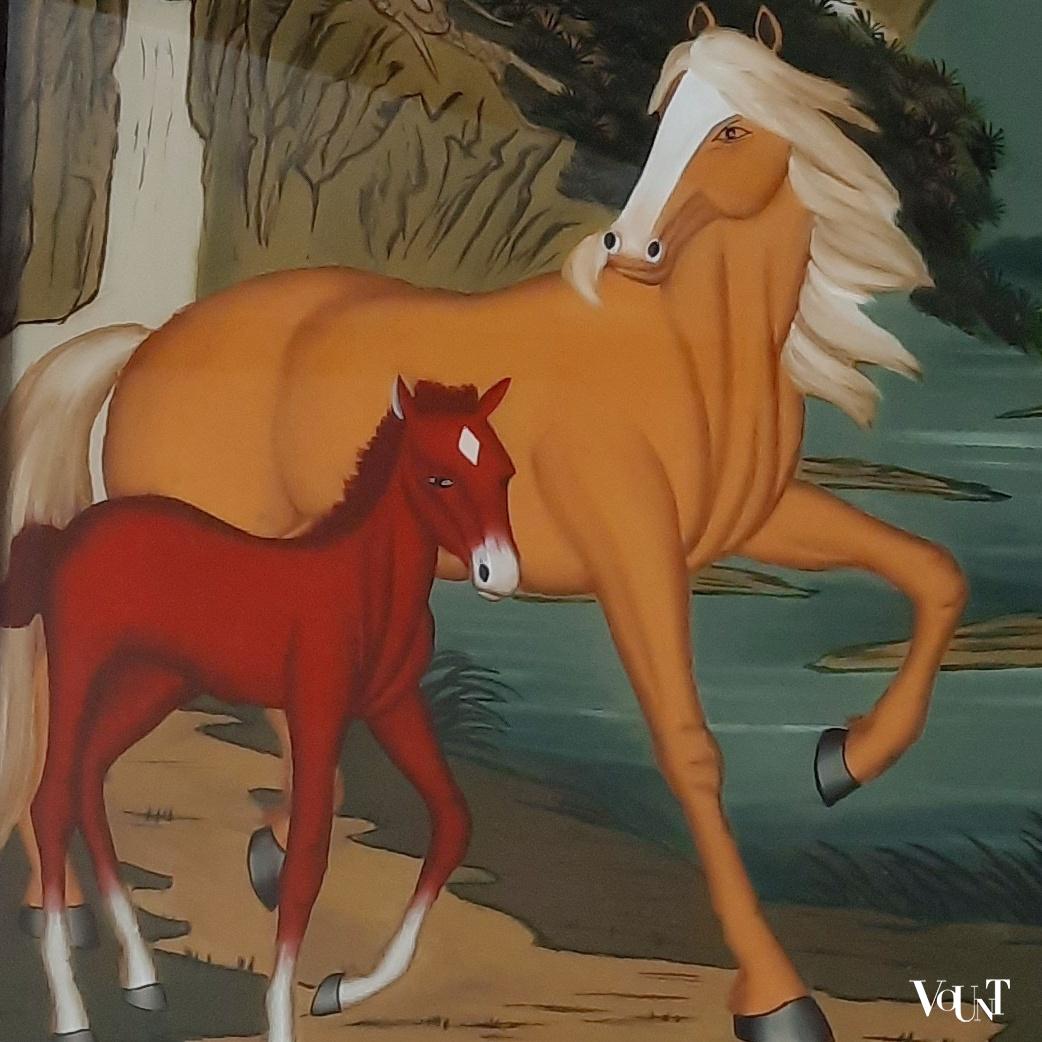 Chinese achterglasschildering paarden, midden 20e eeuw