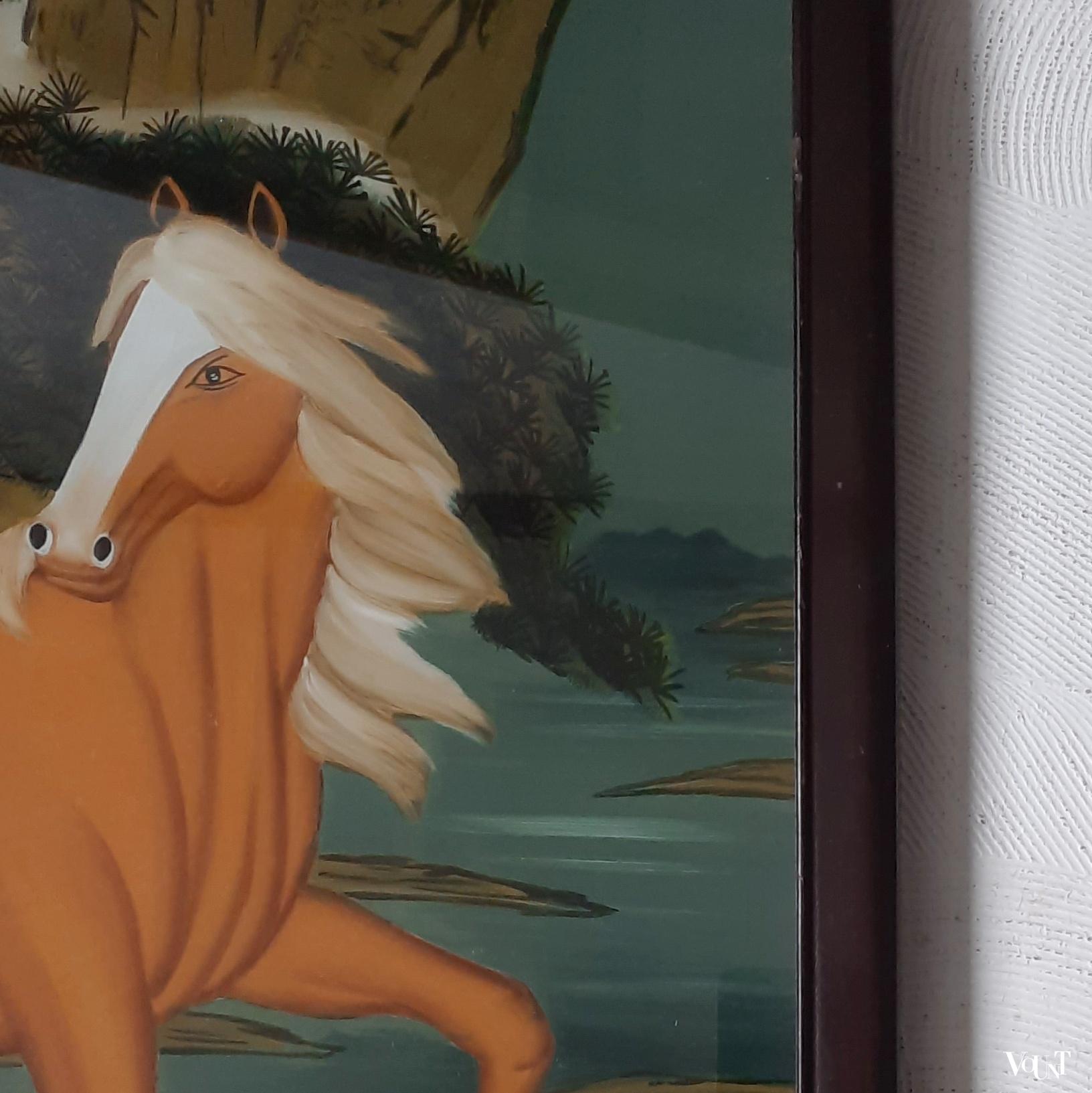 Chinese achterglasschildering paarden, midden 20e eeuw