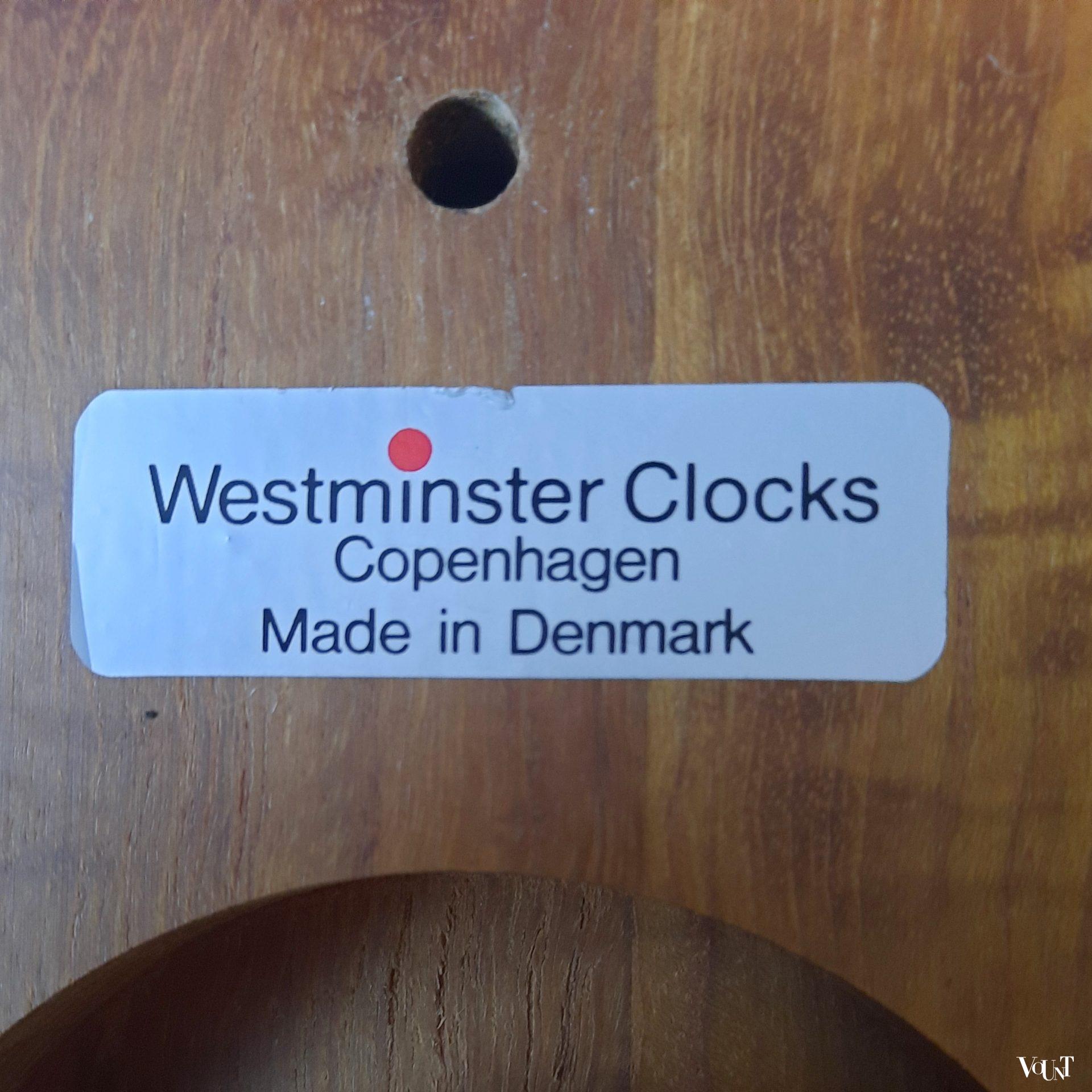 Deense teakhouten wandklok, Westminster Clocks Copenhagen, jaren '70