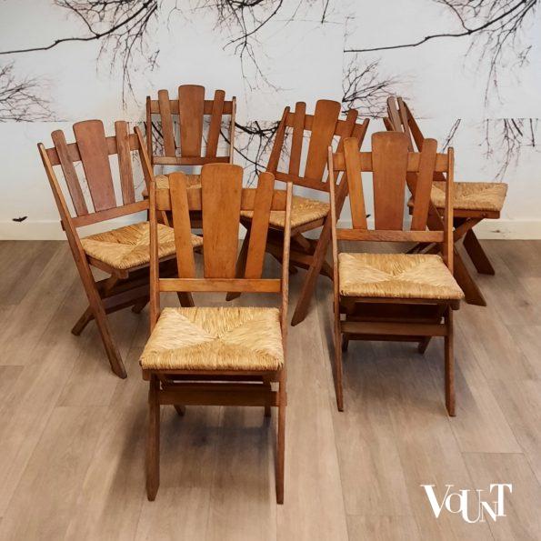 Set van 6 klapstoelen met biezen zittingen, De Volharding, jaren '50