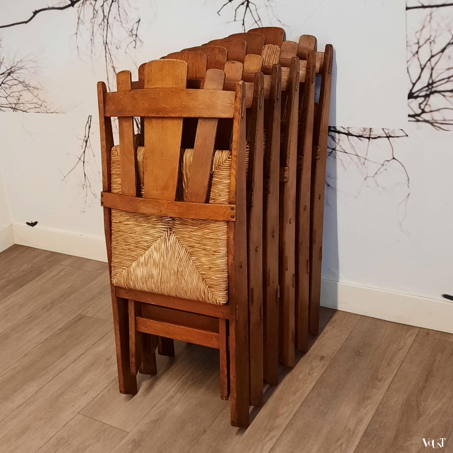 Set van 6 klapstoelen met biezen zittingen, De Volharding, jaren '50