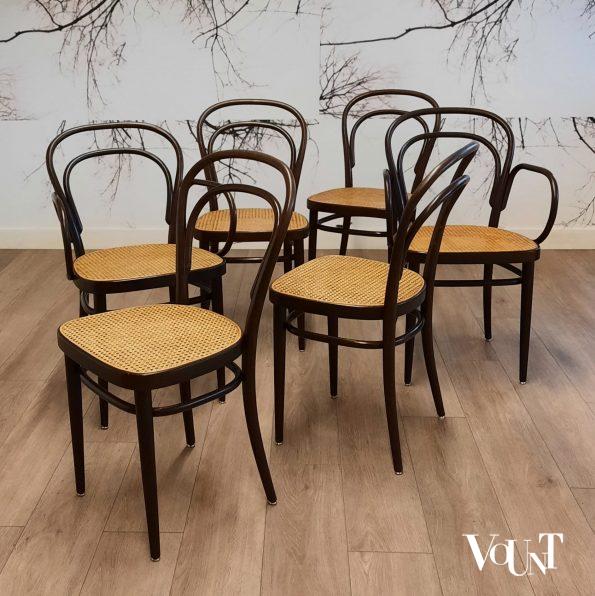Set van 6 originele donkerbruine Thonet-stoelen nr. 214,  jaren '80
