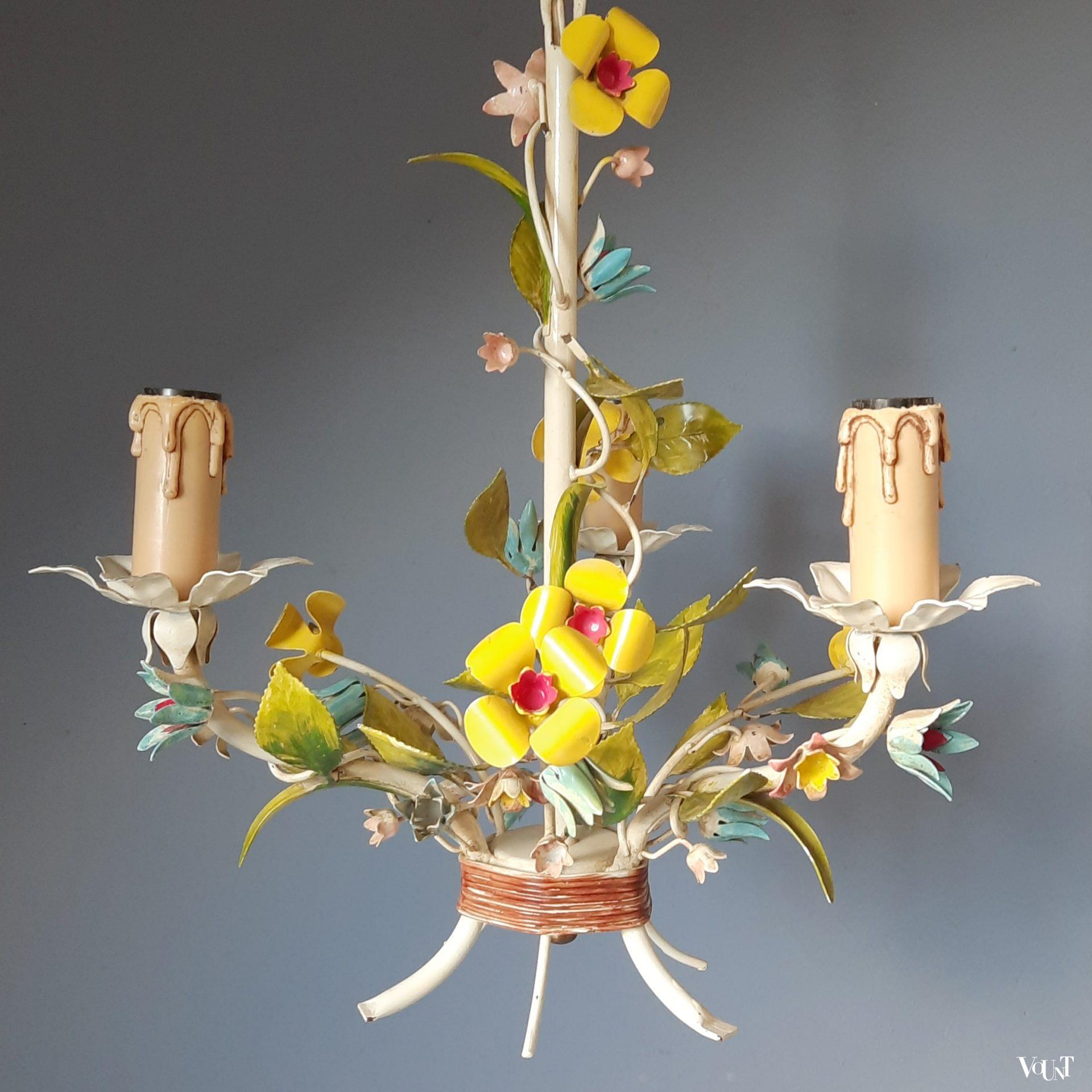 Franse metalen hanglamp bloemen, jaren '60