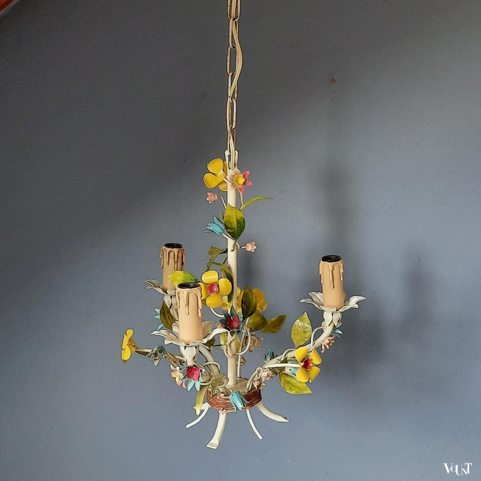 Franse metalen hanglamp bloemen, jaren '60